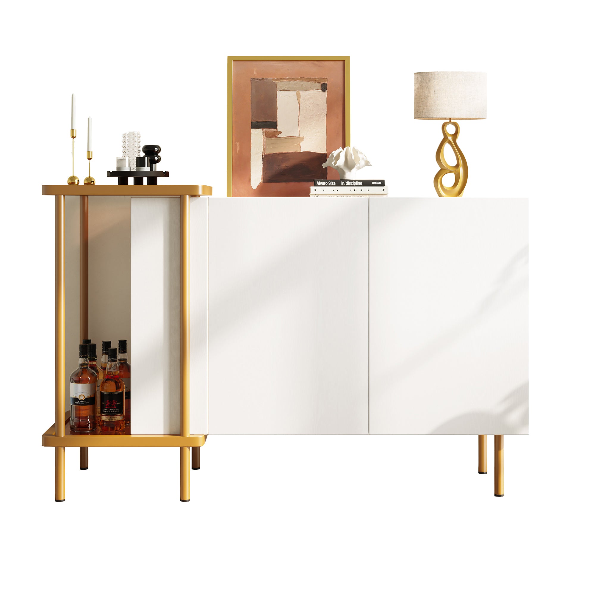 Sideboard Cabinet & Coffee Table, 2 Doors 2 Open Compartments, Metal/Glass White, 120 x 40 x 77.5 cm