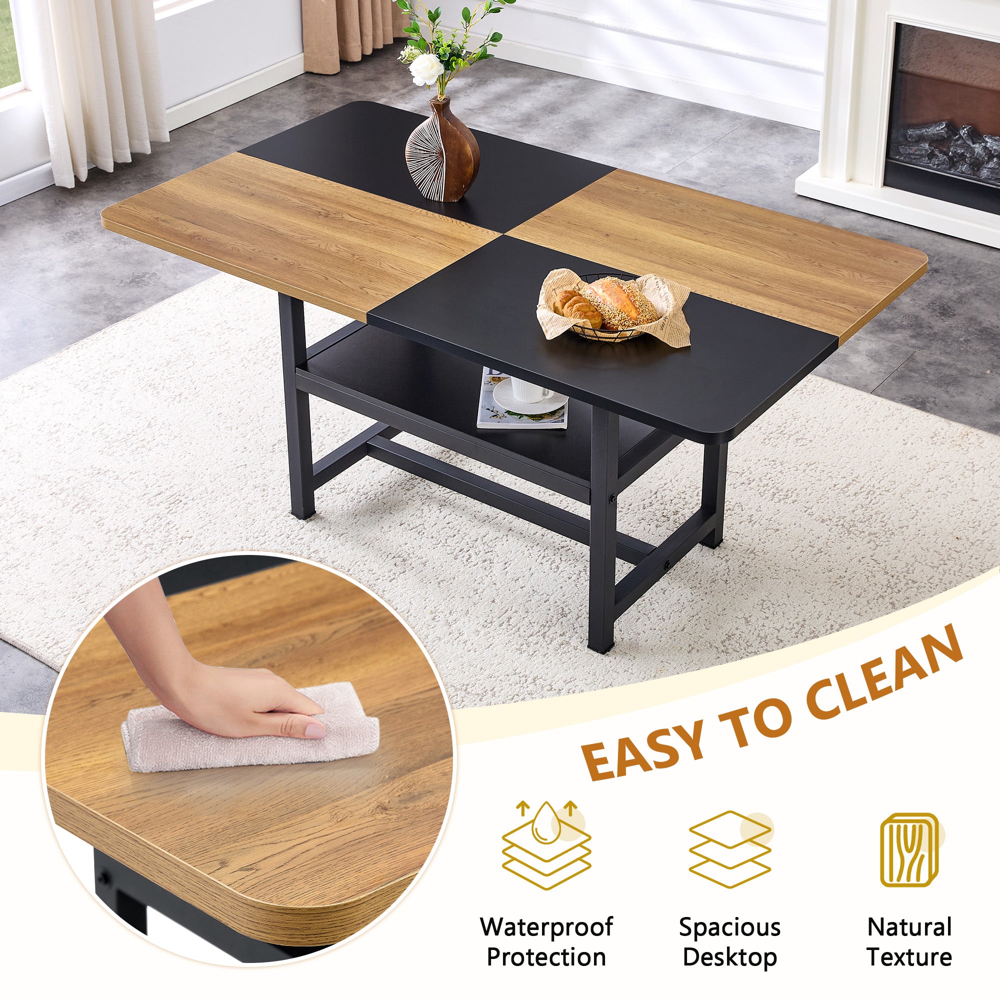 Dining Table Set, 160 cm Rectangular with Storage & 4 Chairs, Brown Tech-Fabric