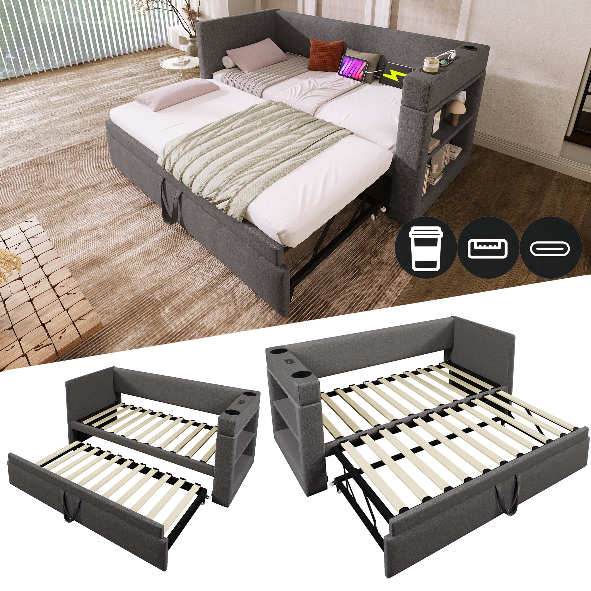 Upholstered Daybed 90x190 cm Single Bed Sofa with Pull-Out, USB/Type-C Port, Linen Blend Grey