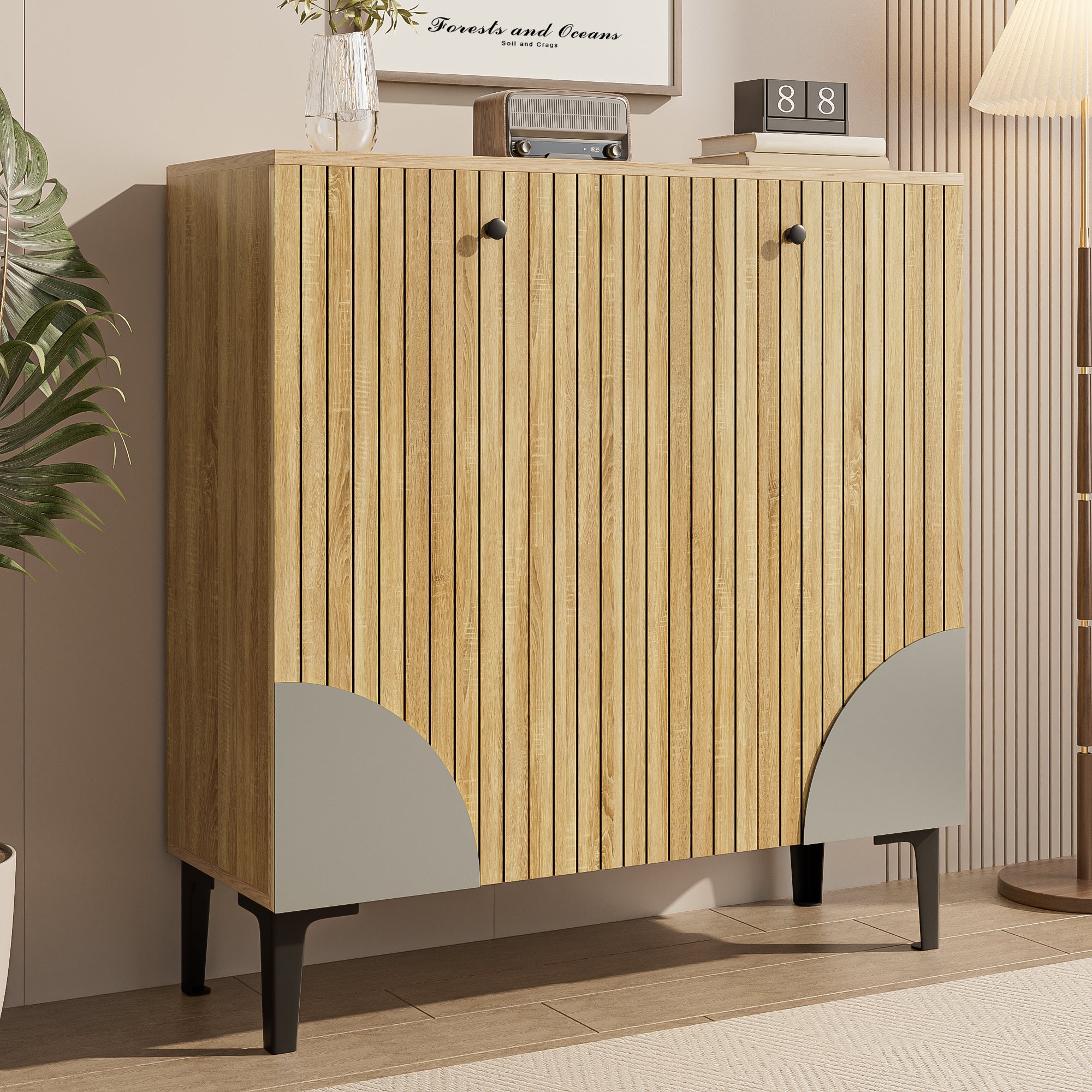 Shoe cabinet 90x32x94cm with three doors, storage, and shelf, wood look/black frame