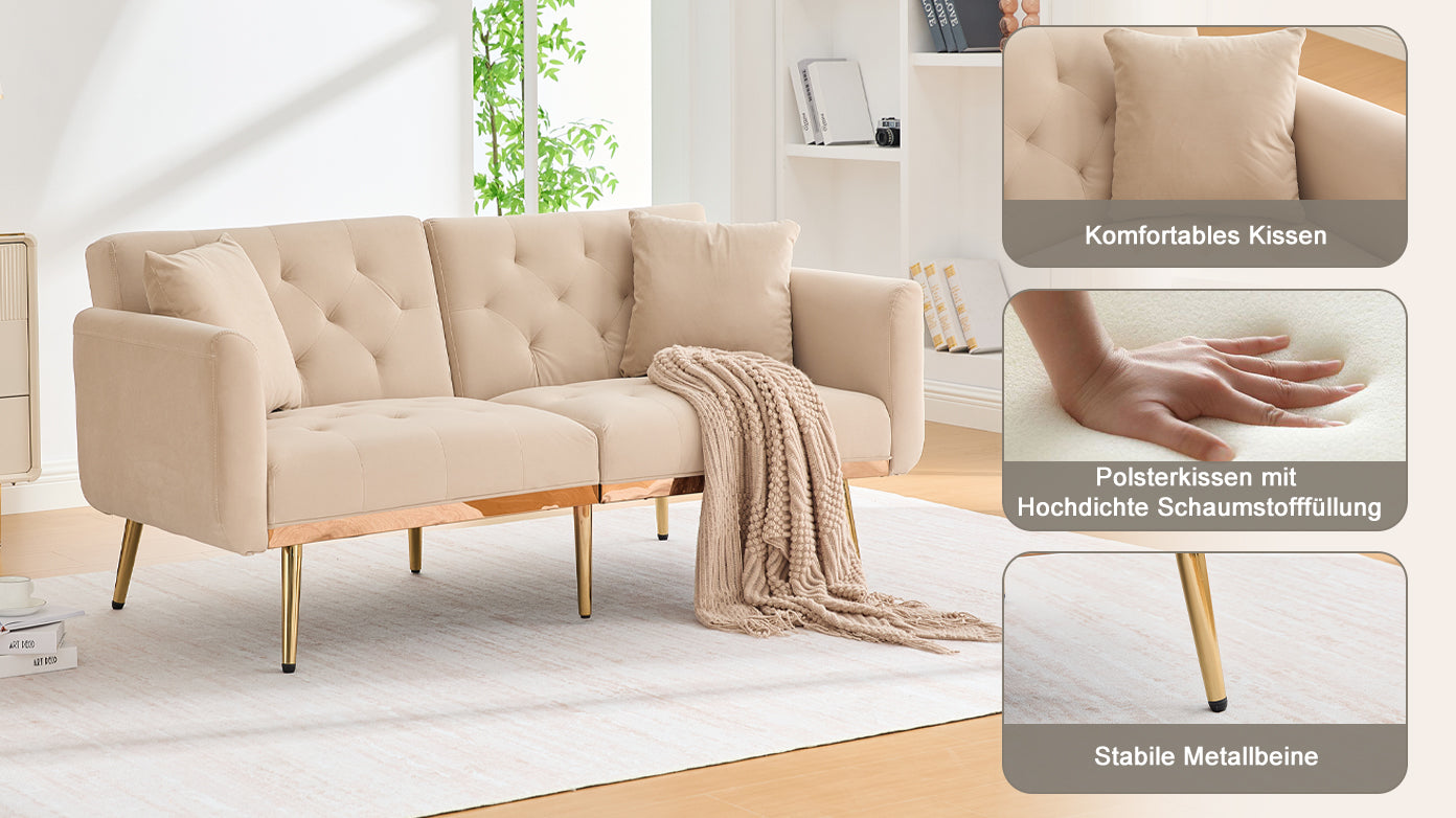 Double Sofa, Modern Velvet Sofa Bed with Adjustable Backrest, Beige