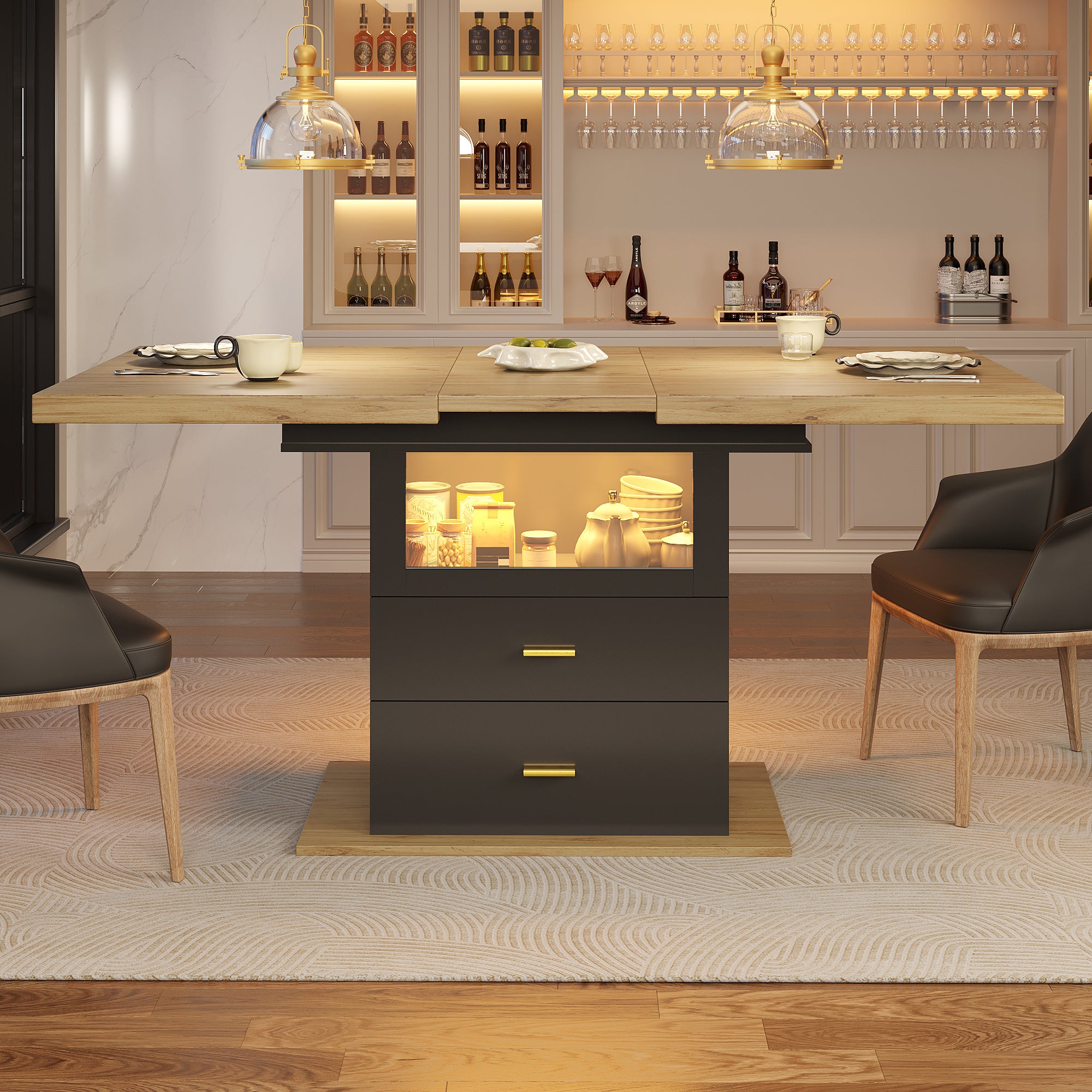 Extendable Dining Table 110-140cm LED Lighting Wooden Finish