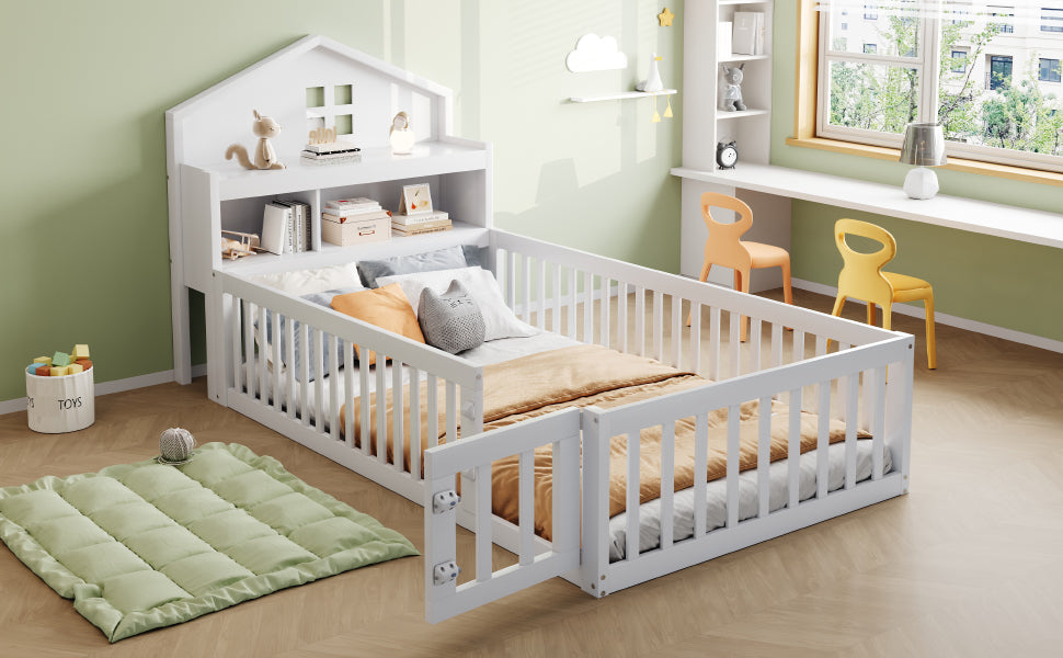 Children's Bed 90x200, Solid Wood Frame with Shelves, Storage, Safety Gate & Door, White