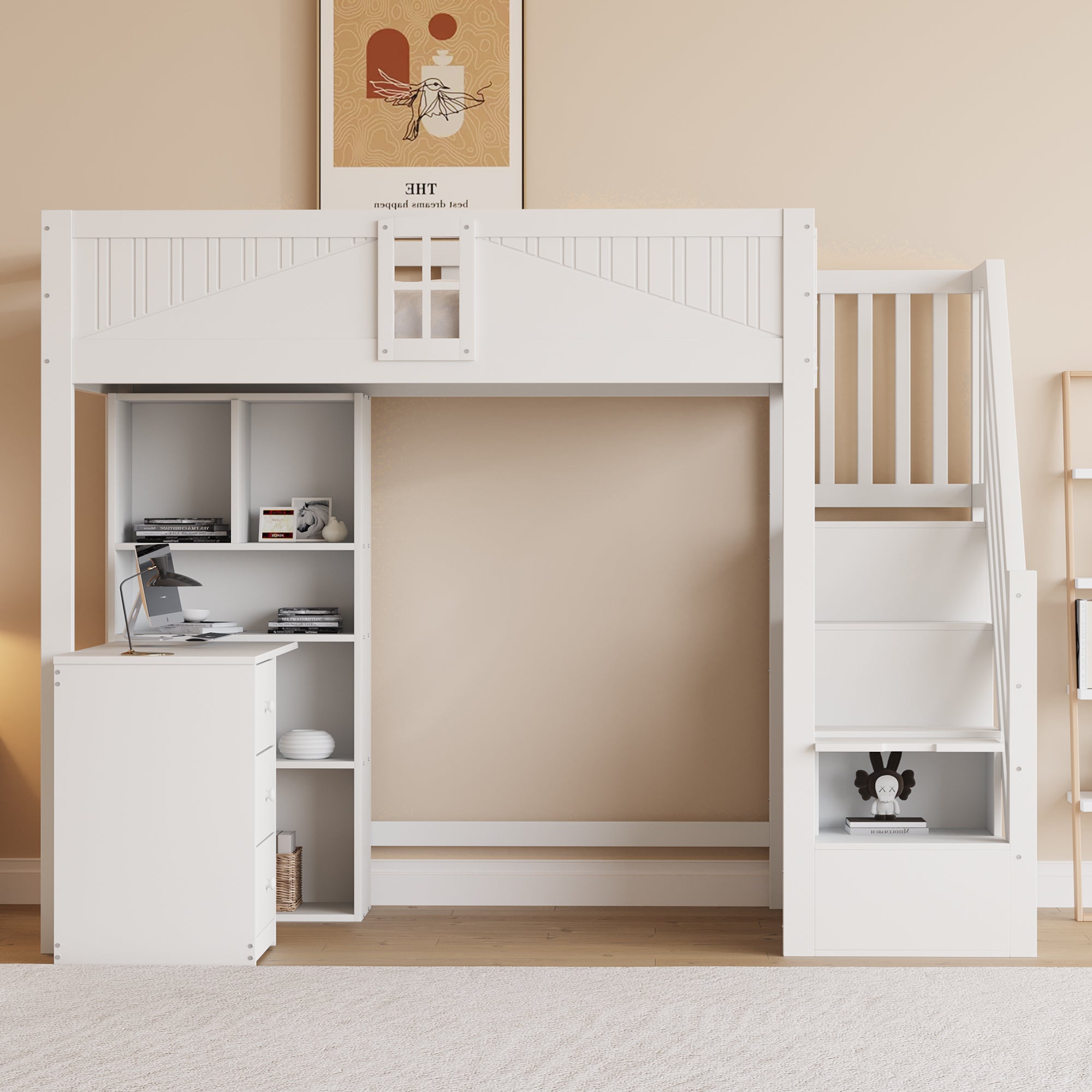 Loft Bed, 90x200cm with Storage, Desk, Drawers, White Solid Wood