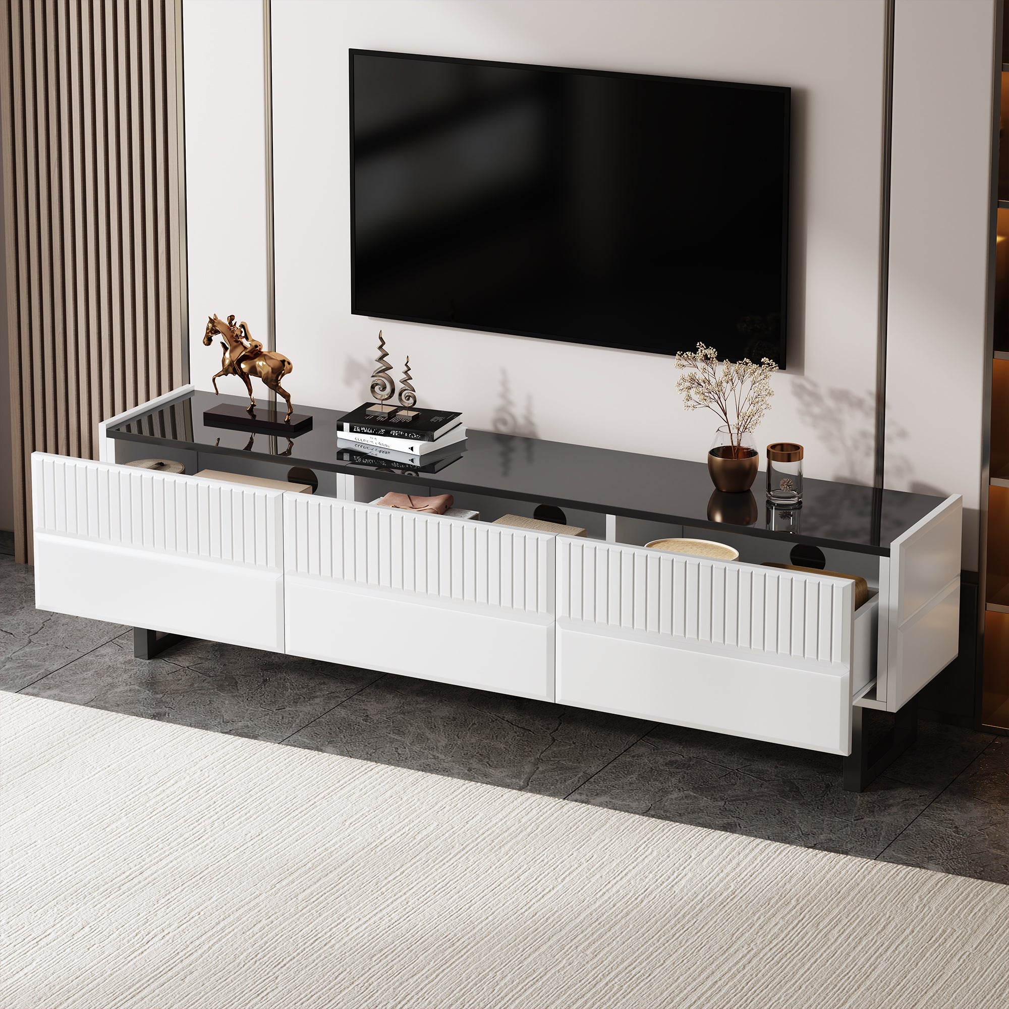 TV Stand with Three Drawers, Low TV Unit, Black and White Design