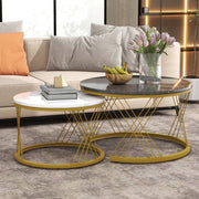 Nesting Coffee Table Set Modern Round Set of 2 Marble Veneer - Gold Frame