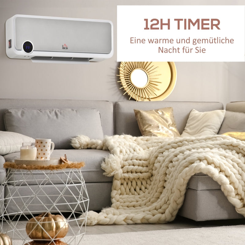 Wall-Mounted Fan Heater, 2000W with Remote Control, LED Display, 12h Timer