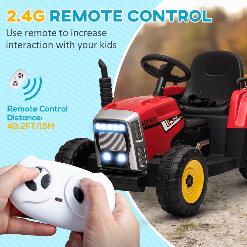 Ride On Tractor, Electric with Detachable Trailer, Remote Control, Music - Red
