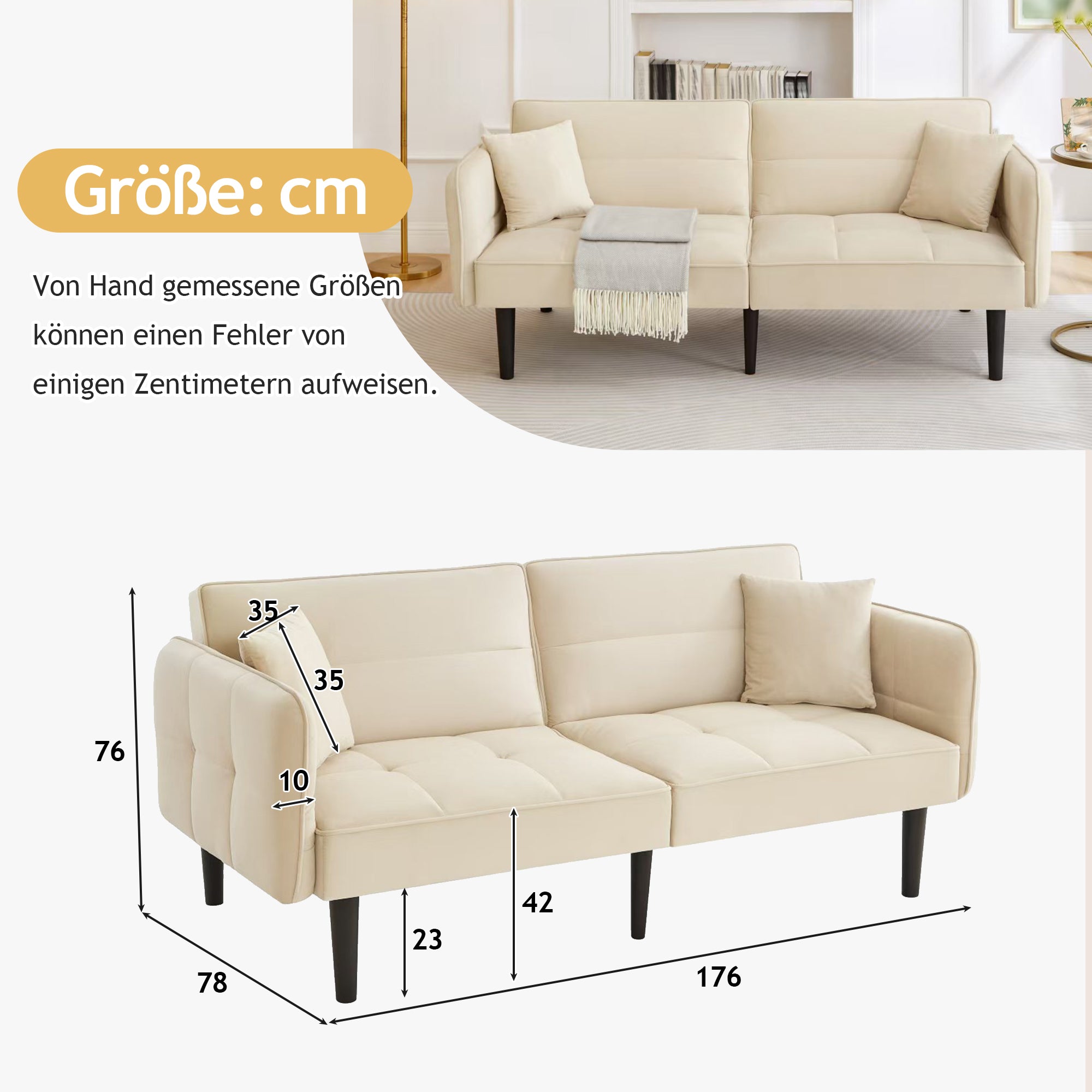 2-in-1 Adjustable Sofa Bed, Two-seater with Folding Armrests and Sleeping Function, Velvet