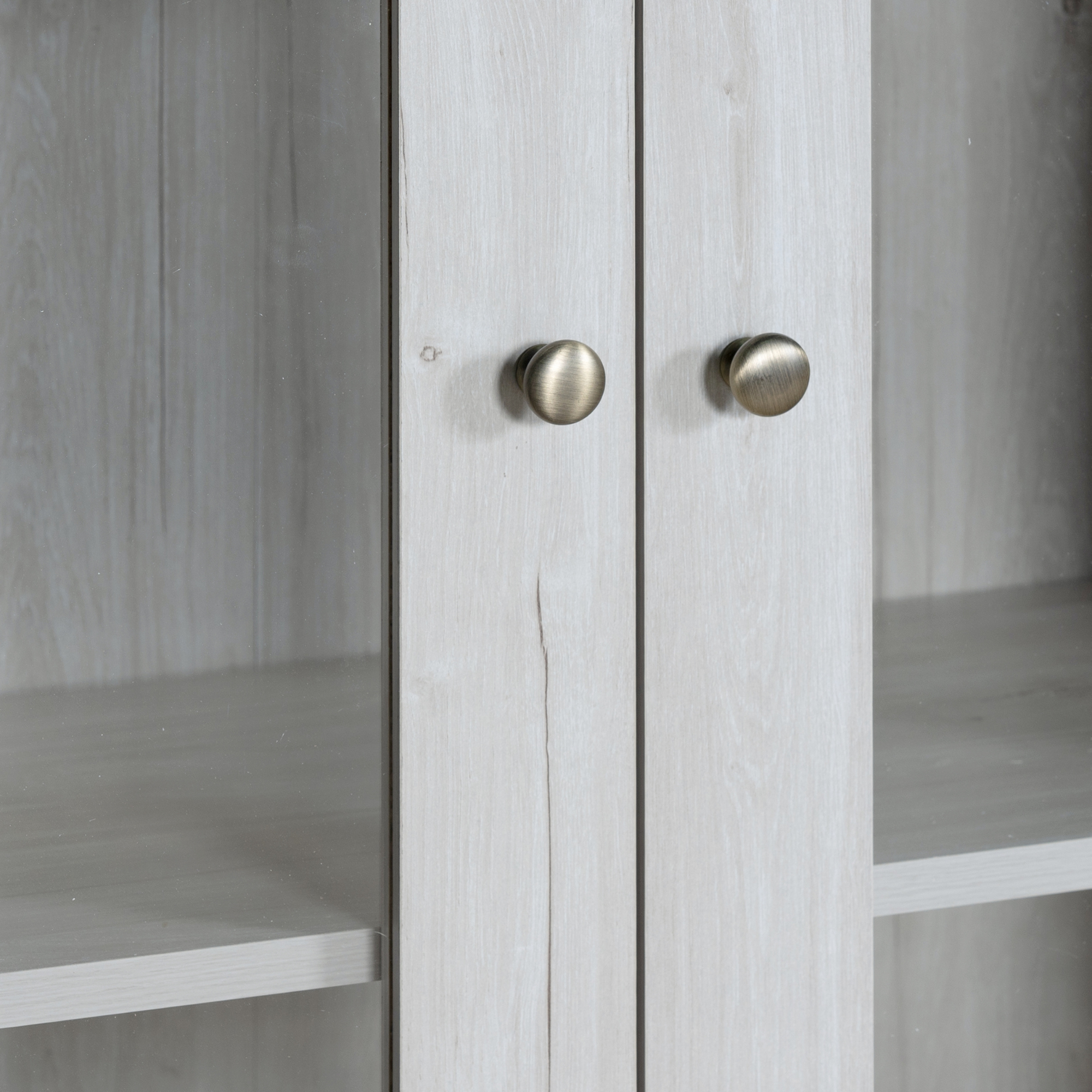 Tall Cabinet, Glass & Wood Doors, Copper Handles, Wood Look