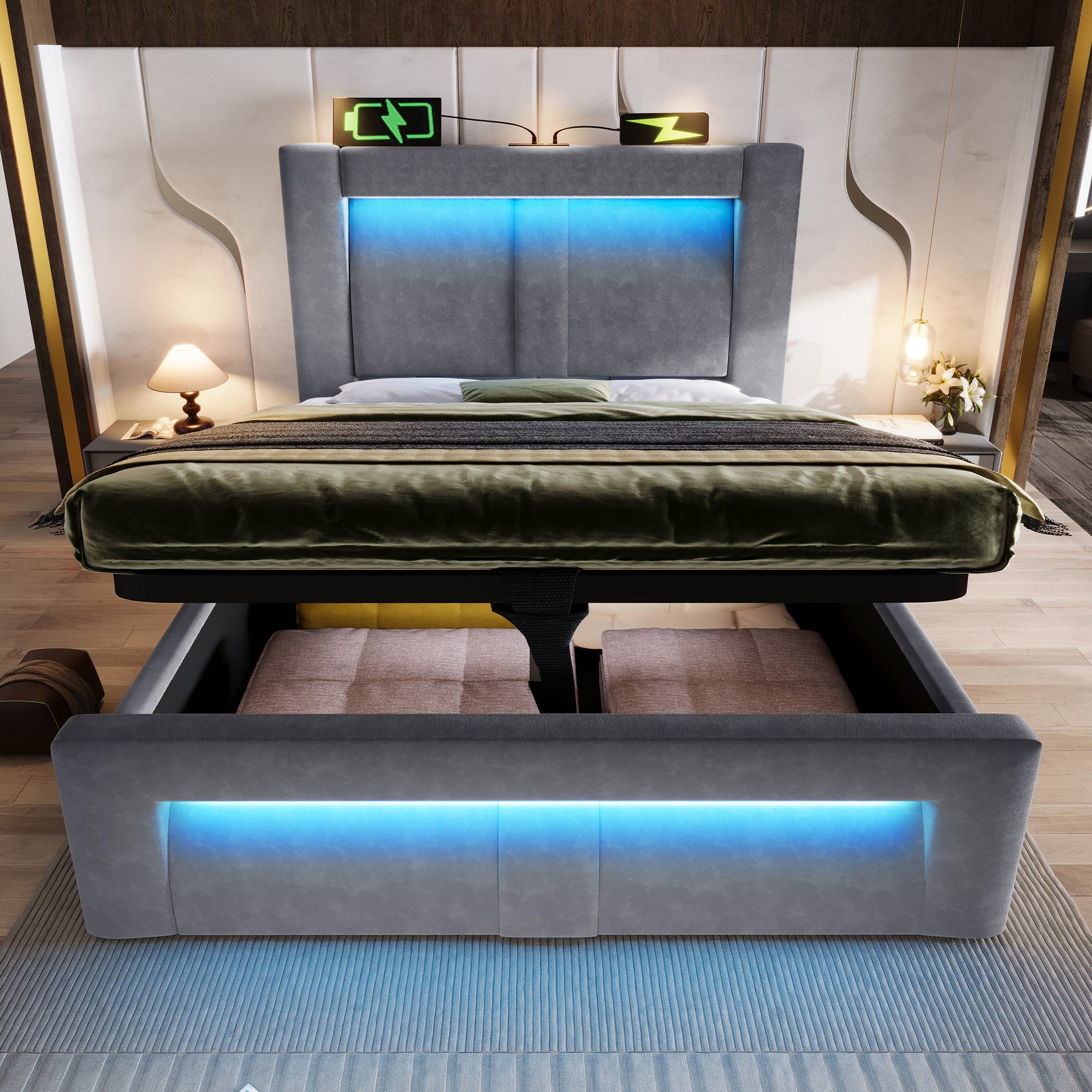 Single Bed 90x200cm Hydraulic Storage LED App USB/Type-C Velvet Grey