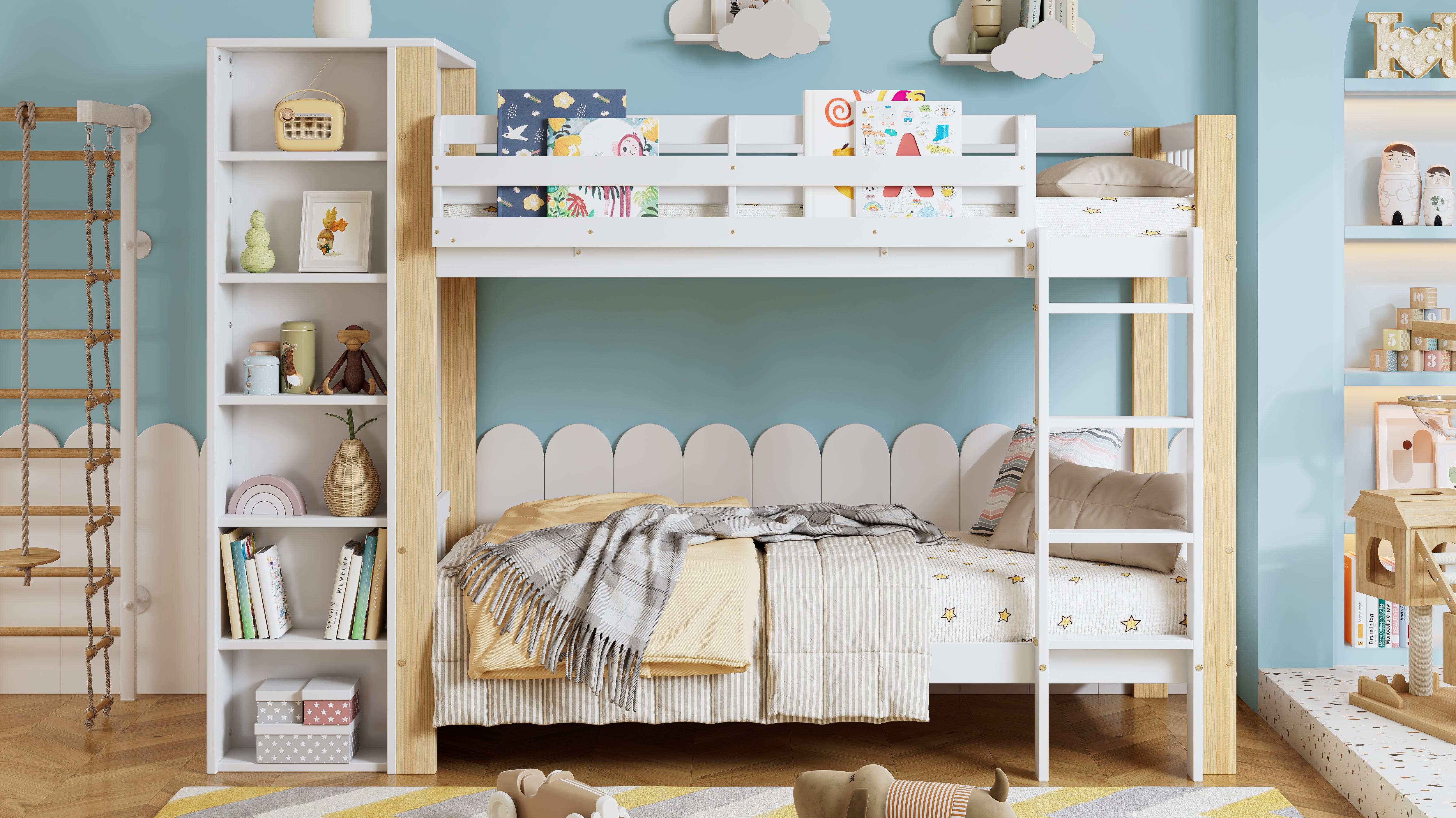 Bunk Bed, Child's with Ladder, Storage & Wardrobe, Pine+PB White+Natural