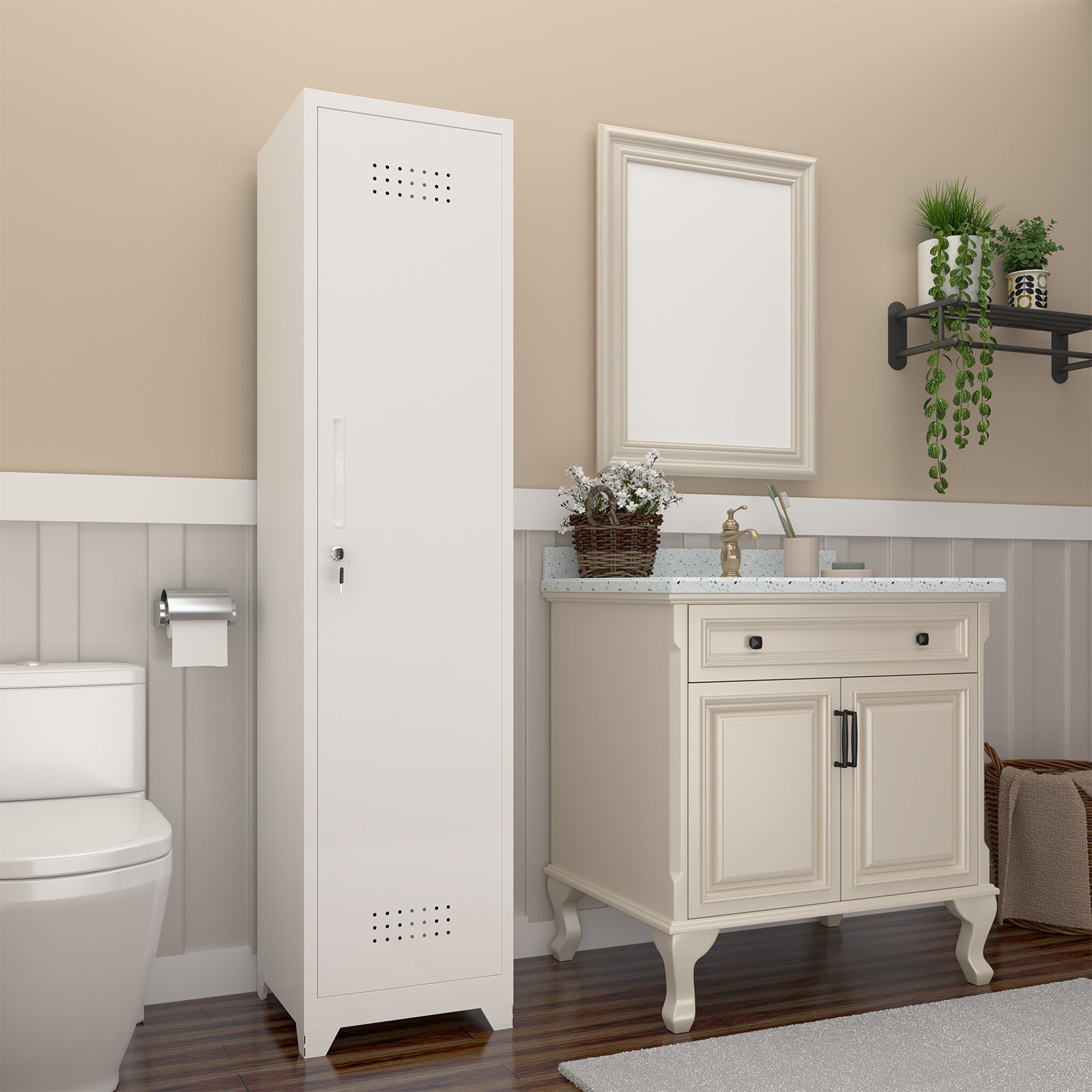 Slim Broom Storage Cabinet with Shelves, Hanging Rod and Locking Door, Metal