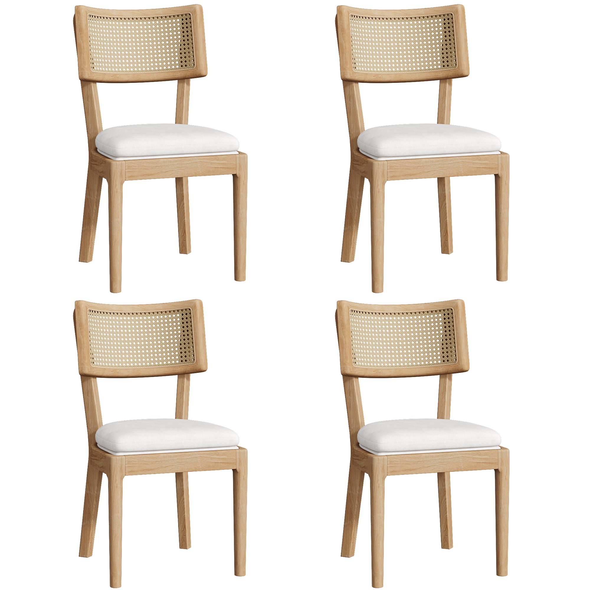 4 Solid Wood Dining Chairs, Rattan Backrests, Modern Style, Linen/Wood Color