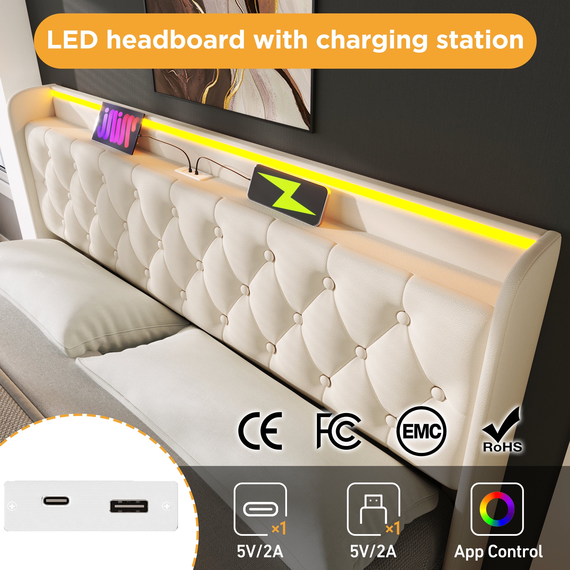 Upholstered King Ottoman Bed, 360 Surround LED, Hydraulic Storage, Charging Function, White PU
