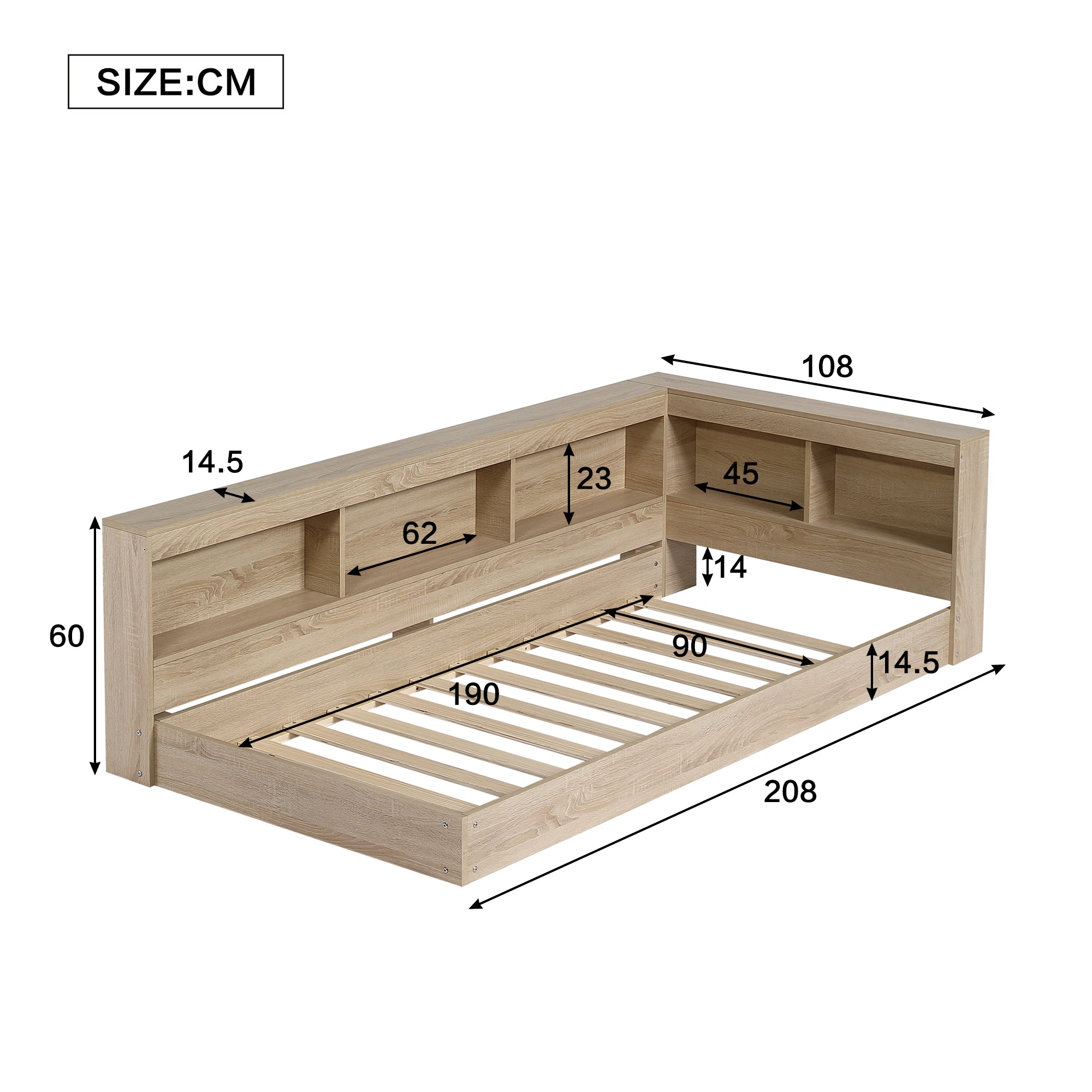 Wooden L-shaped bed with dimensions labeled in centimeters on a white background