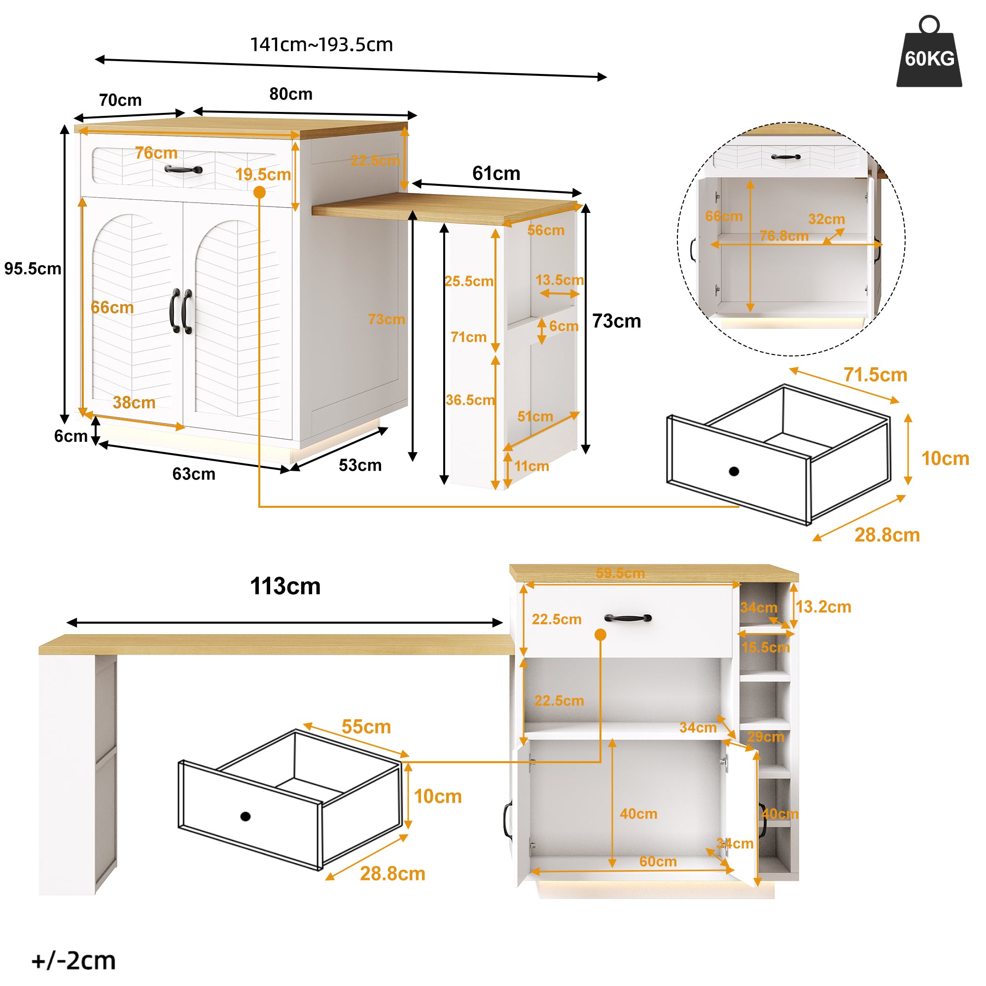 Kitchen Island with Pull-out Table and Storage, 2 Drawers and 4 Doors, Black/White