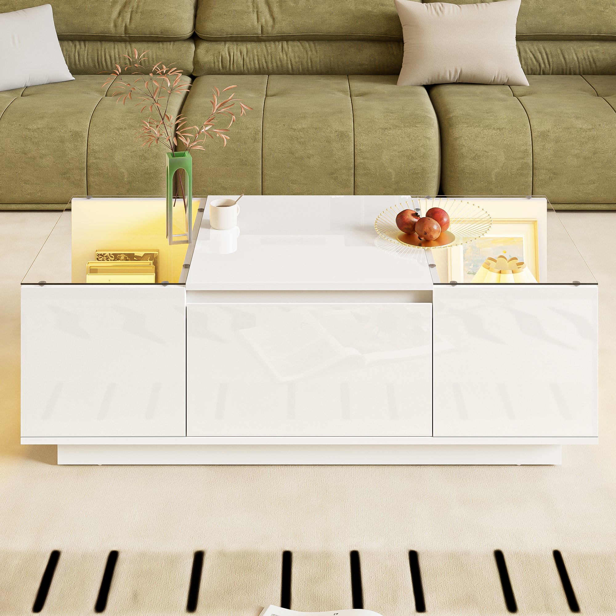 Coffee Table Modern Minimalist 105cm, Storage, LED, Glass Top, 2 Drawers