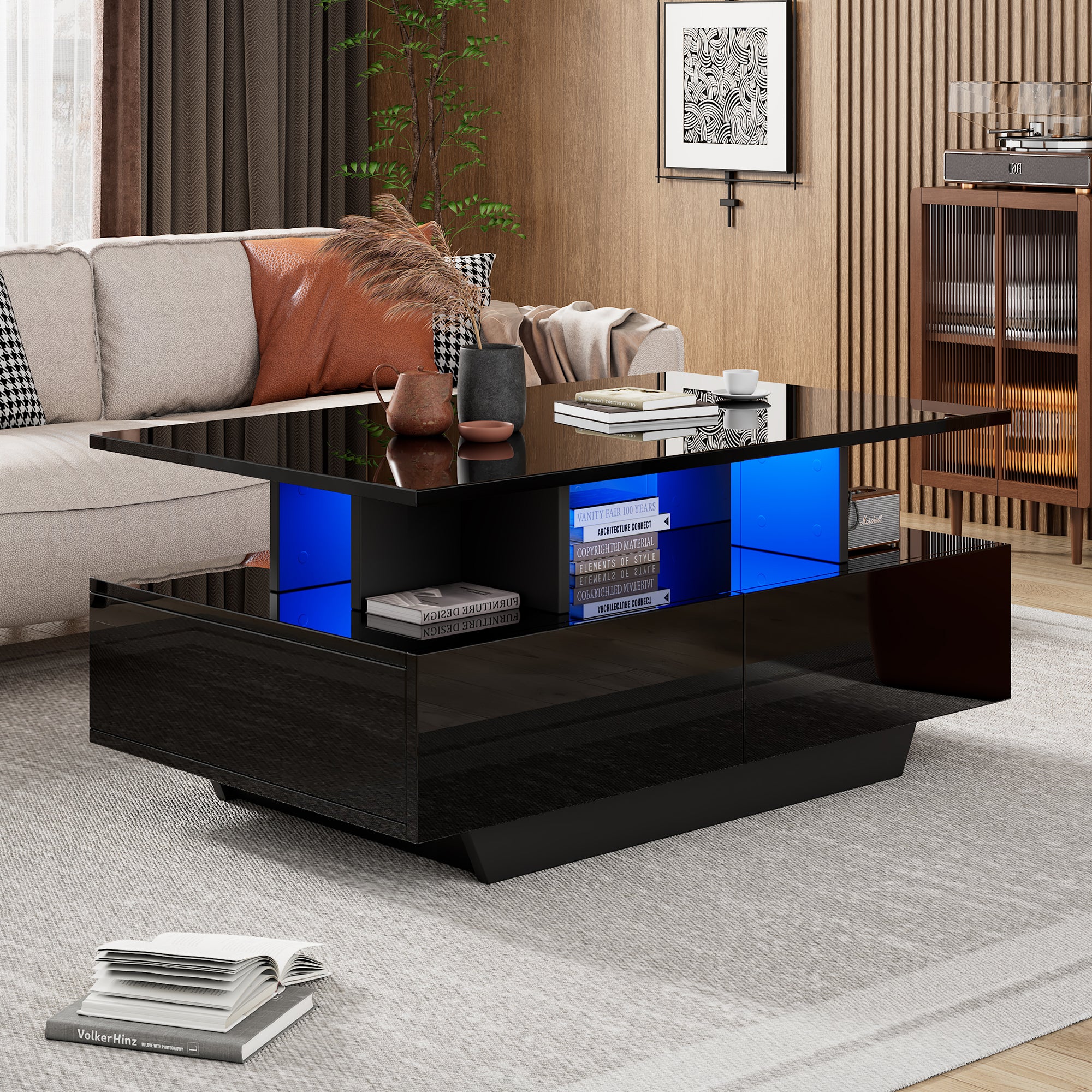 Coffee Table, Modern High-Gloss with LED & 2 Drawers, White