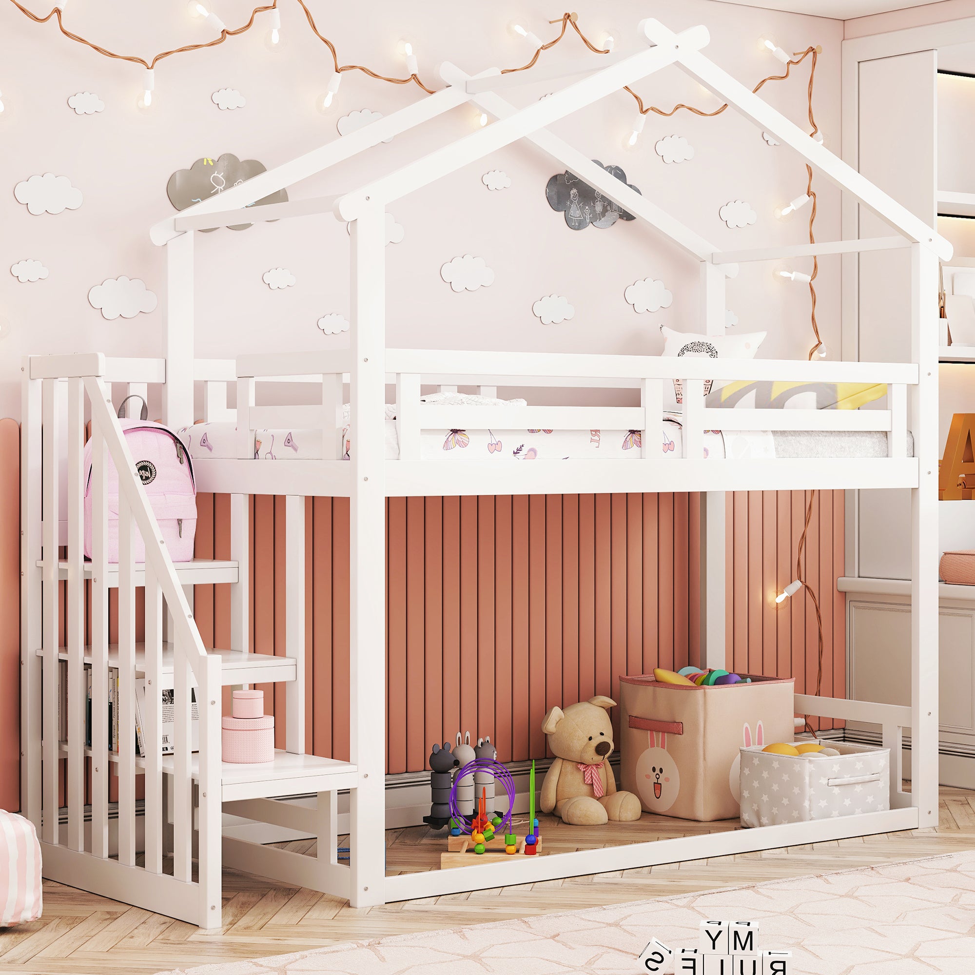 Children's Bed 90x200cm, Low Bunk Bed with Safety Stairs, Solid Wood, White