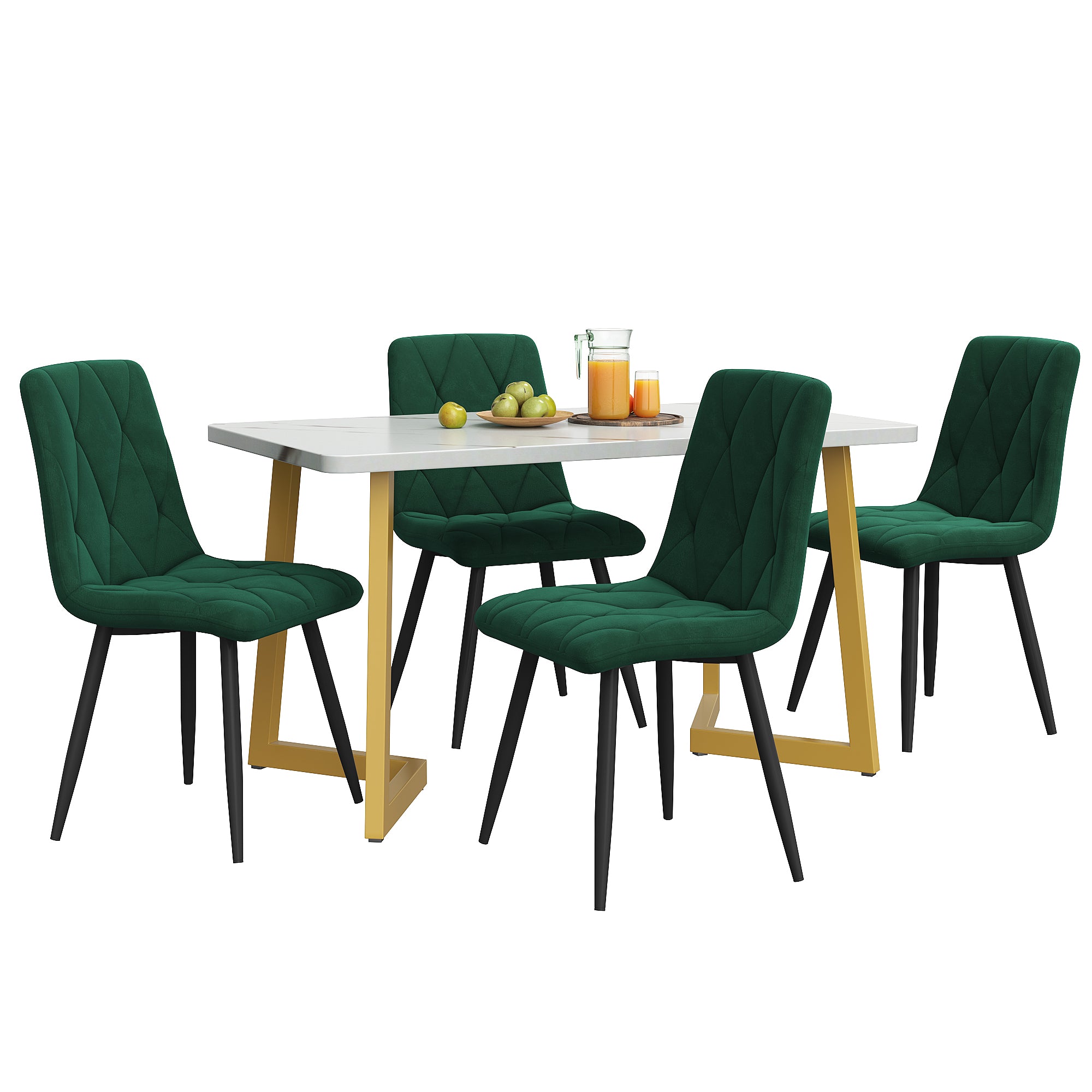Dining Set 5-Piece Rectangular Table 117x68cm 4 Chairs Dark Green Twill Velvet Gold Legs
