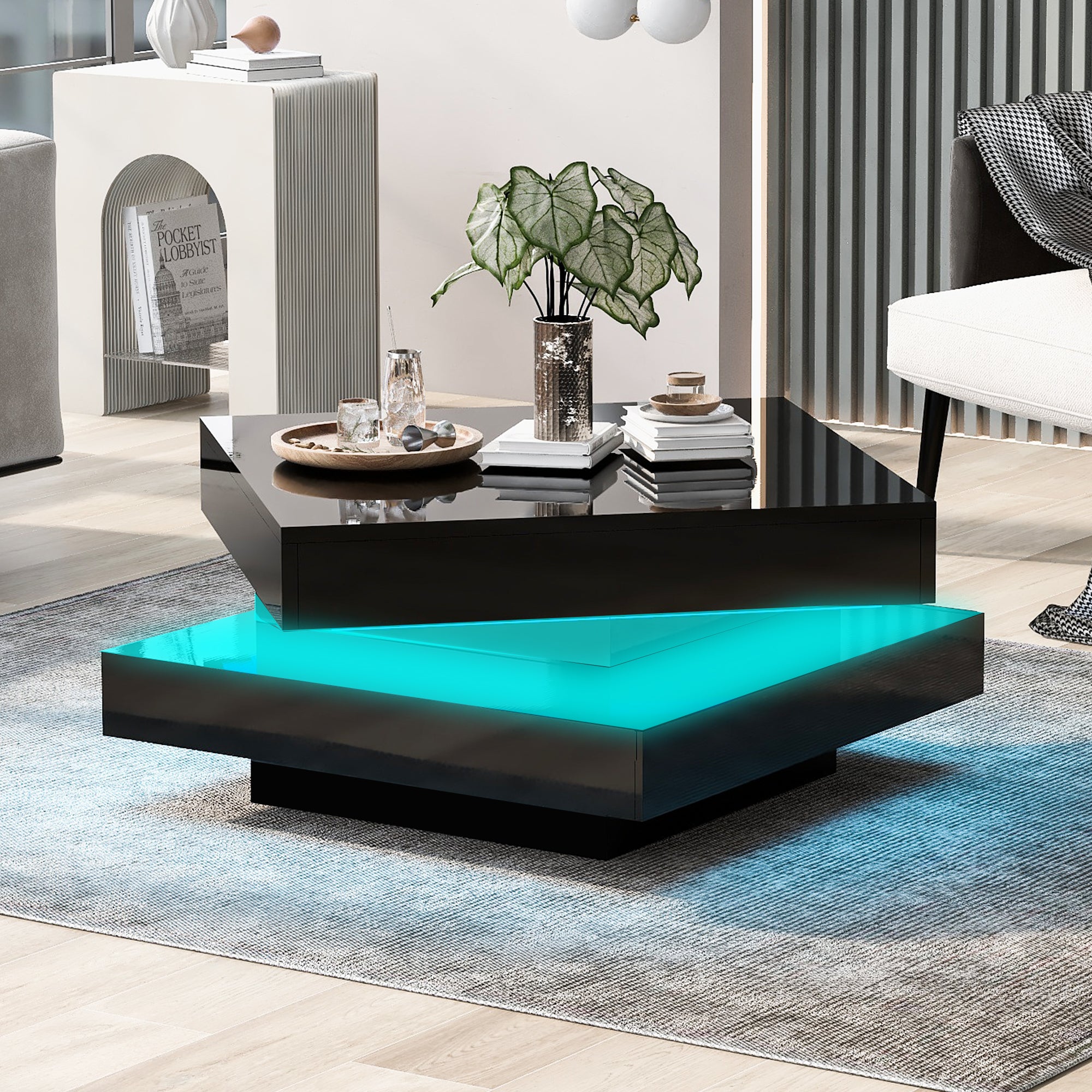 Square Coffee Table Rotating Top 16 LED Lights - High-Gloss Black