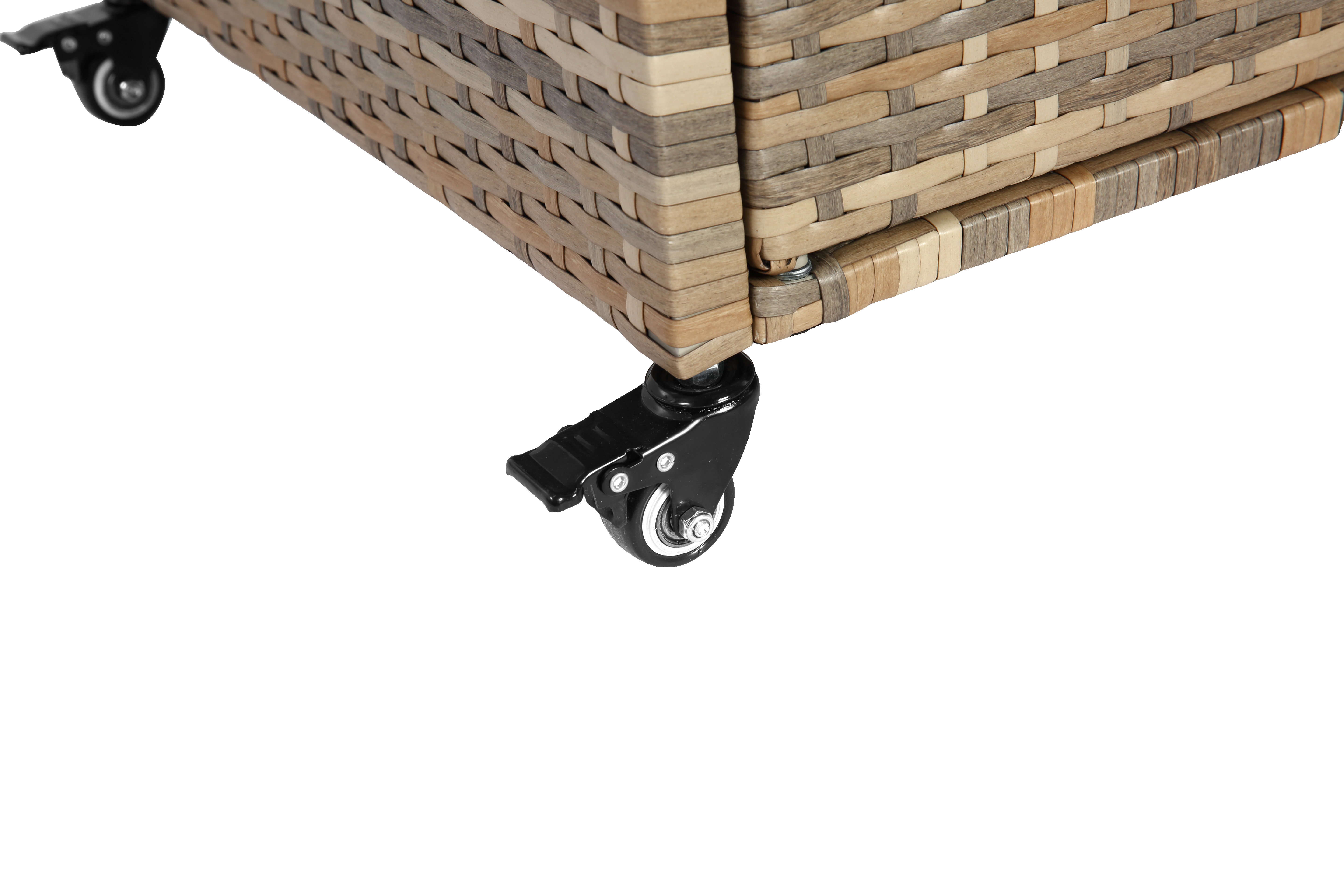 Outdoor Bar Table, Wicker Bar Cart with Cabinet, Steel Top, Ice Bucket, Lockable Wheels, Beige