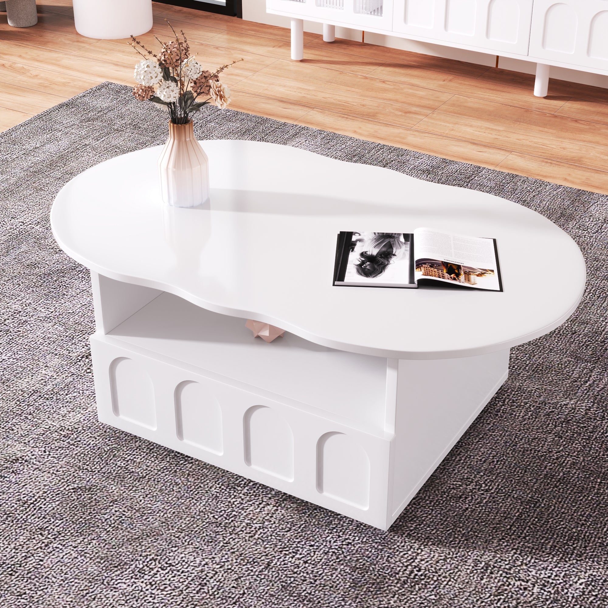 Coffee table, cloud-shaped with drawers and storage compartments