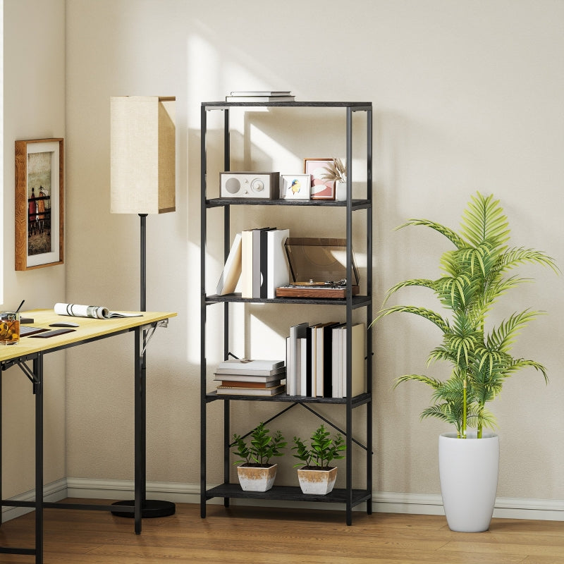 Bookshelf, 5-Tier Industrial Bookcase with Metal Frame, Dark Grey and Black