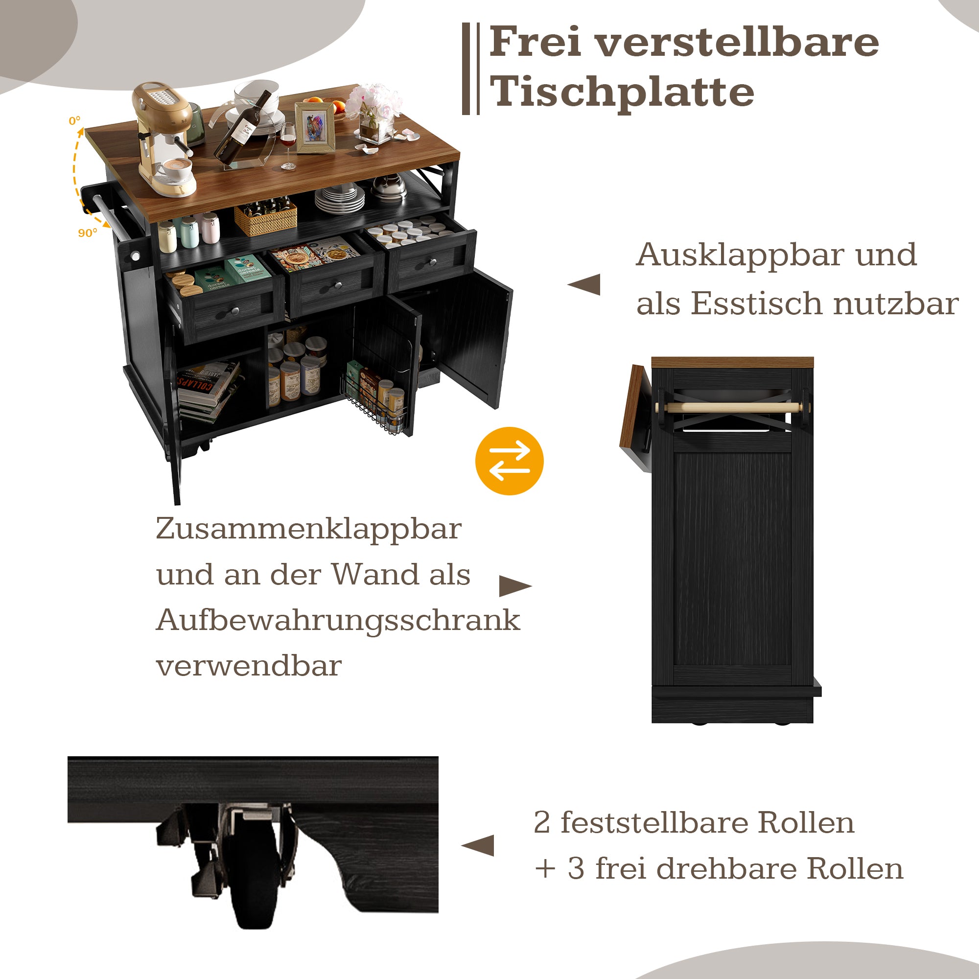 Kitchen Island Mobile Storage Cart with Dividers & Towel Rail - Wood Grain Black