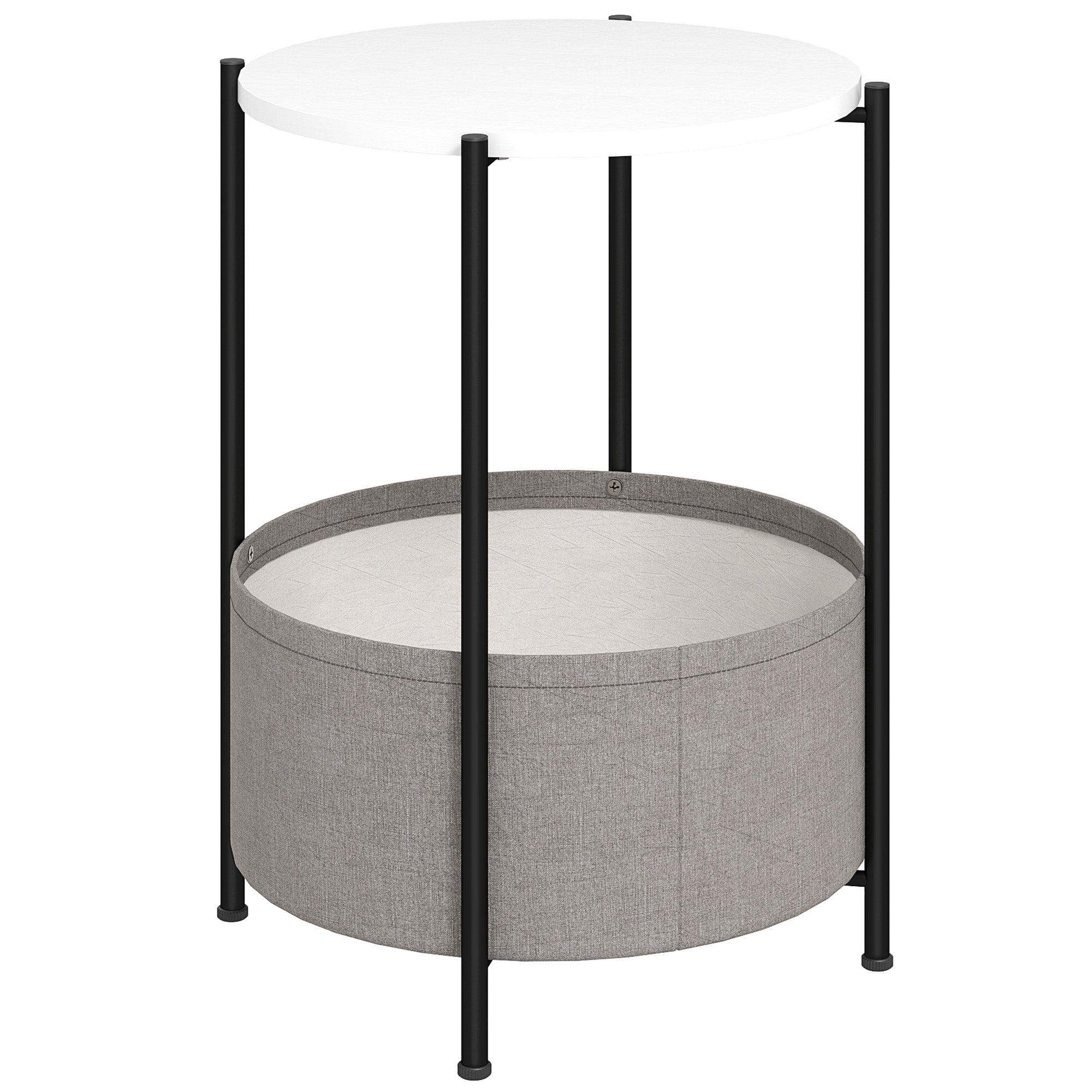 Side Table, Round Coffee Table with Storage, Steel, Grey+White