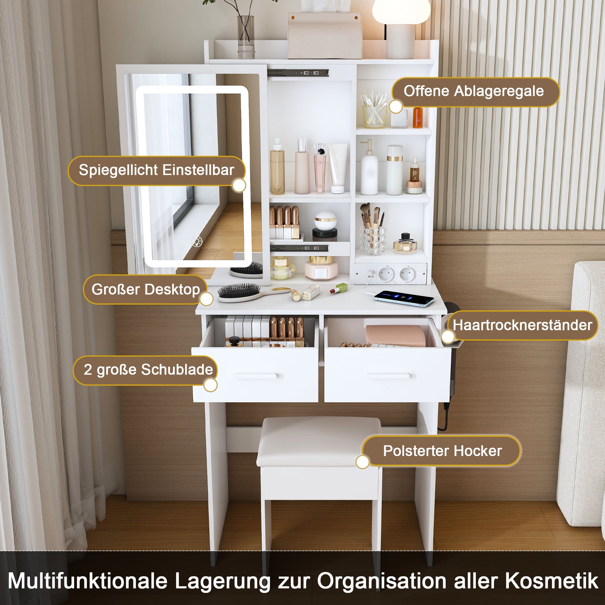 Dressing Table, Small with LED Mirror, Stool, Hidden Storage, White