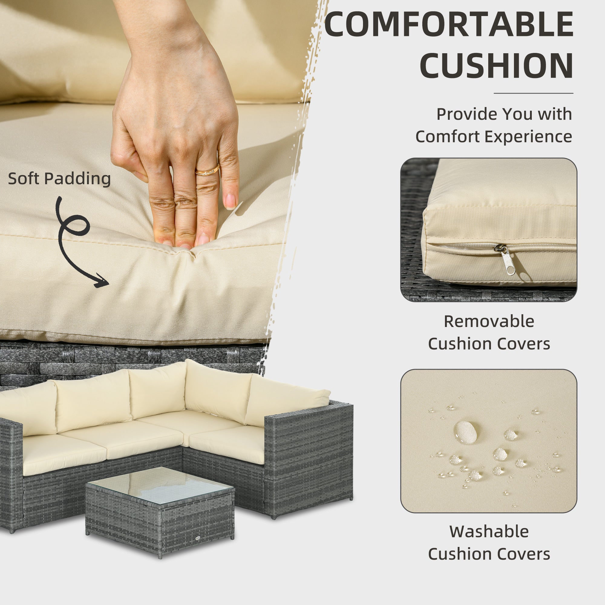 3 Pieces PE Rattan Garden Furniture Set, 4 Seater Corner Sofa, Glass Top Table, Beige