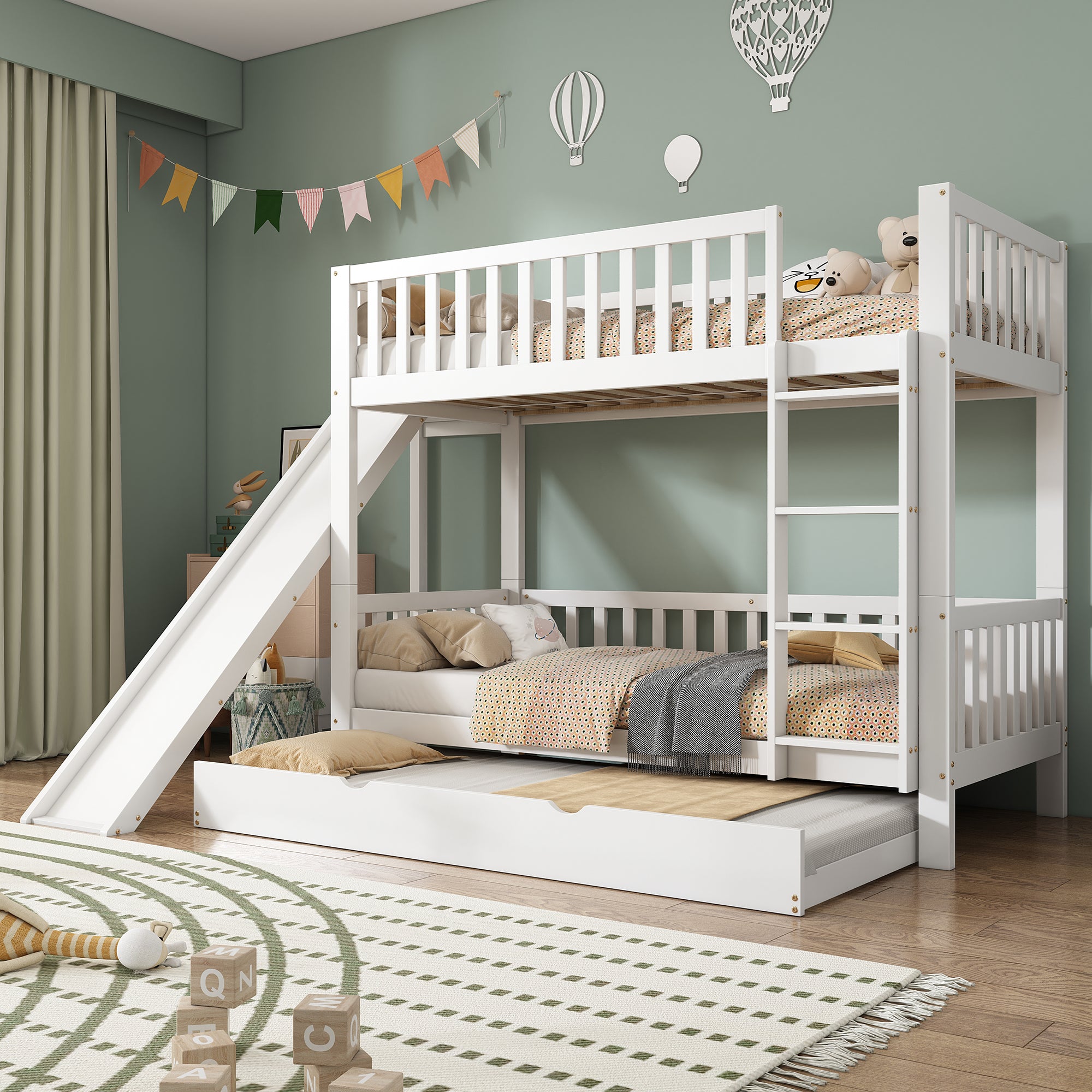 Bunk Bed with Trundle, Slide & Shelves, Pine + MDF White