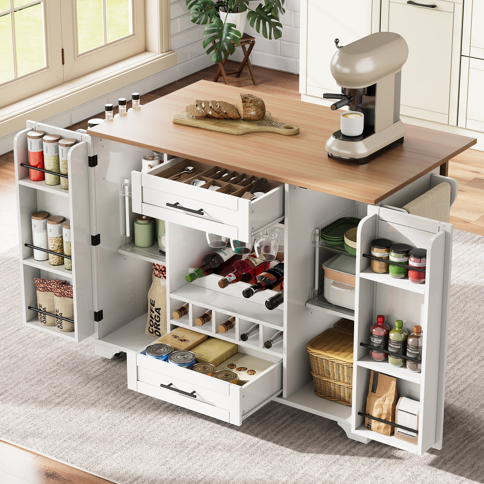 Kitchen Trolley Mobile Folding Worktop Wine Rack Storage - White