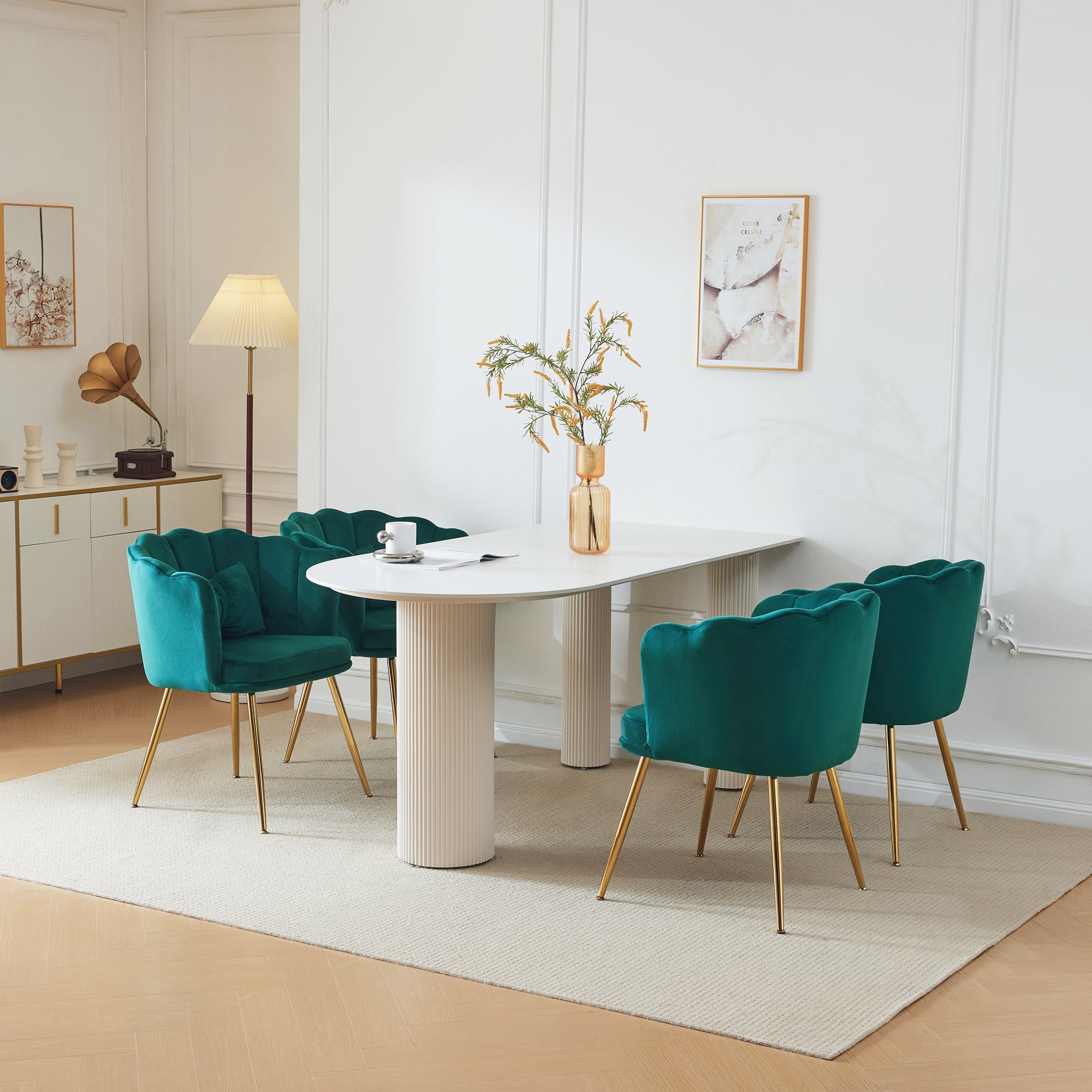 Velvet Chairs, Set of 4 Modern Upholstered with Petal Backs, Gold Metal Legs