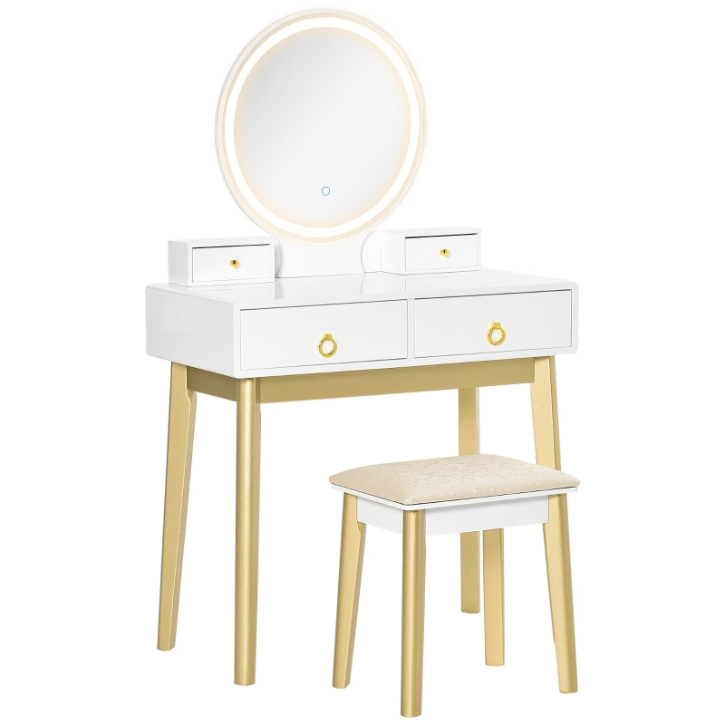 Dressing Table Set with 3 Color LED Mirror, 4 Drawers, and Stool, White