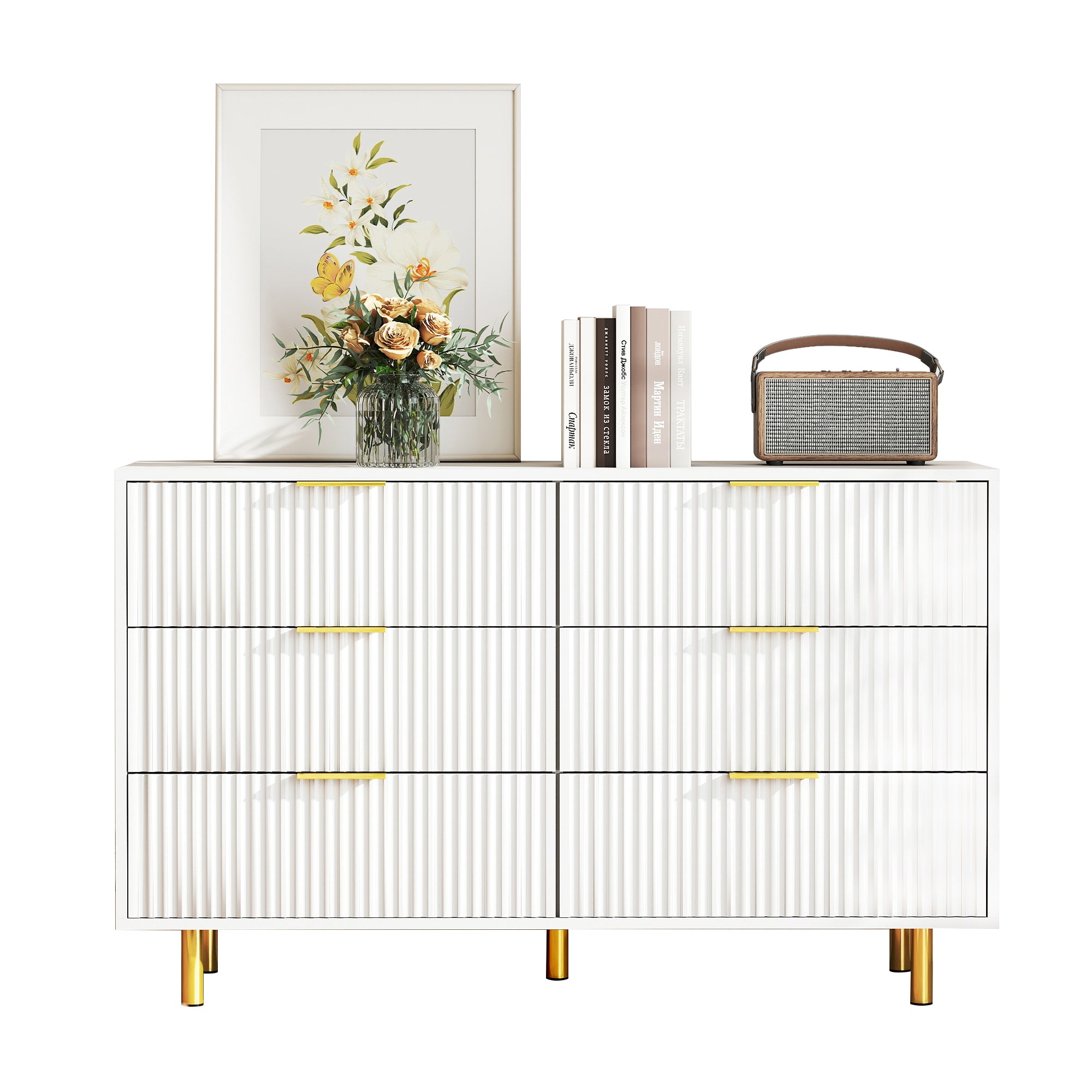 Chest of Drawers Sideboard with 6 Drawers and Modern Design, White and Gold