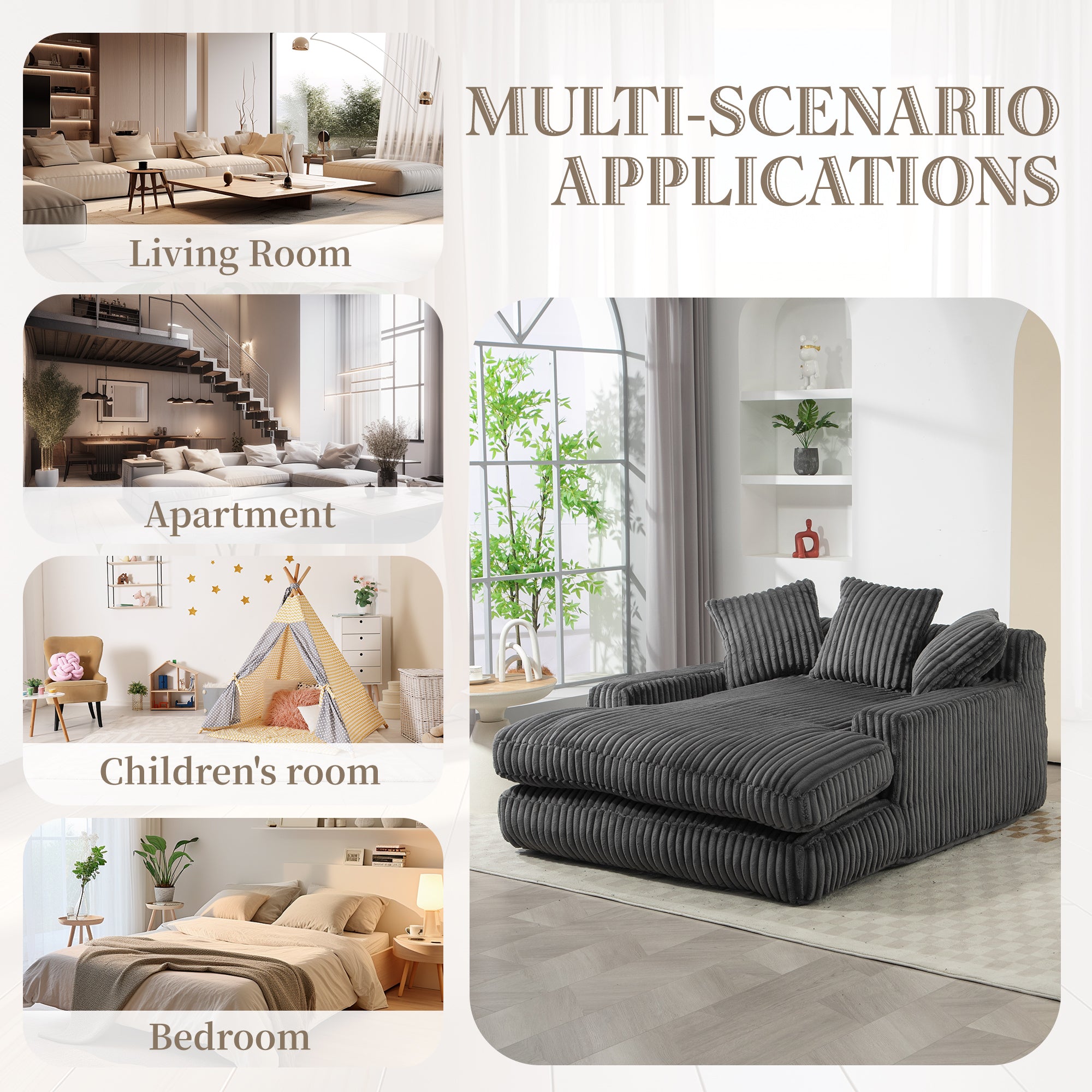 GOMYWAY Oversized Chaise Lounge Sofa Sleeper Chair with Throw Pillows, Dark Gray