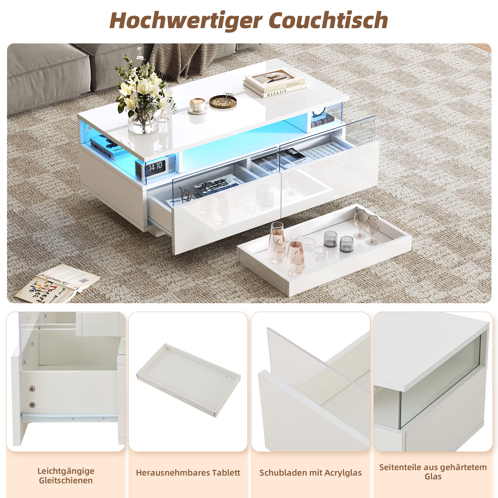 Coffee Table with Tray, 90 x 45 x 35.5 cm, 2 Drawers, Tempered Glass, LED Light, White