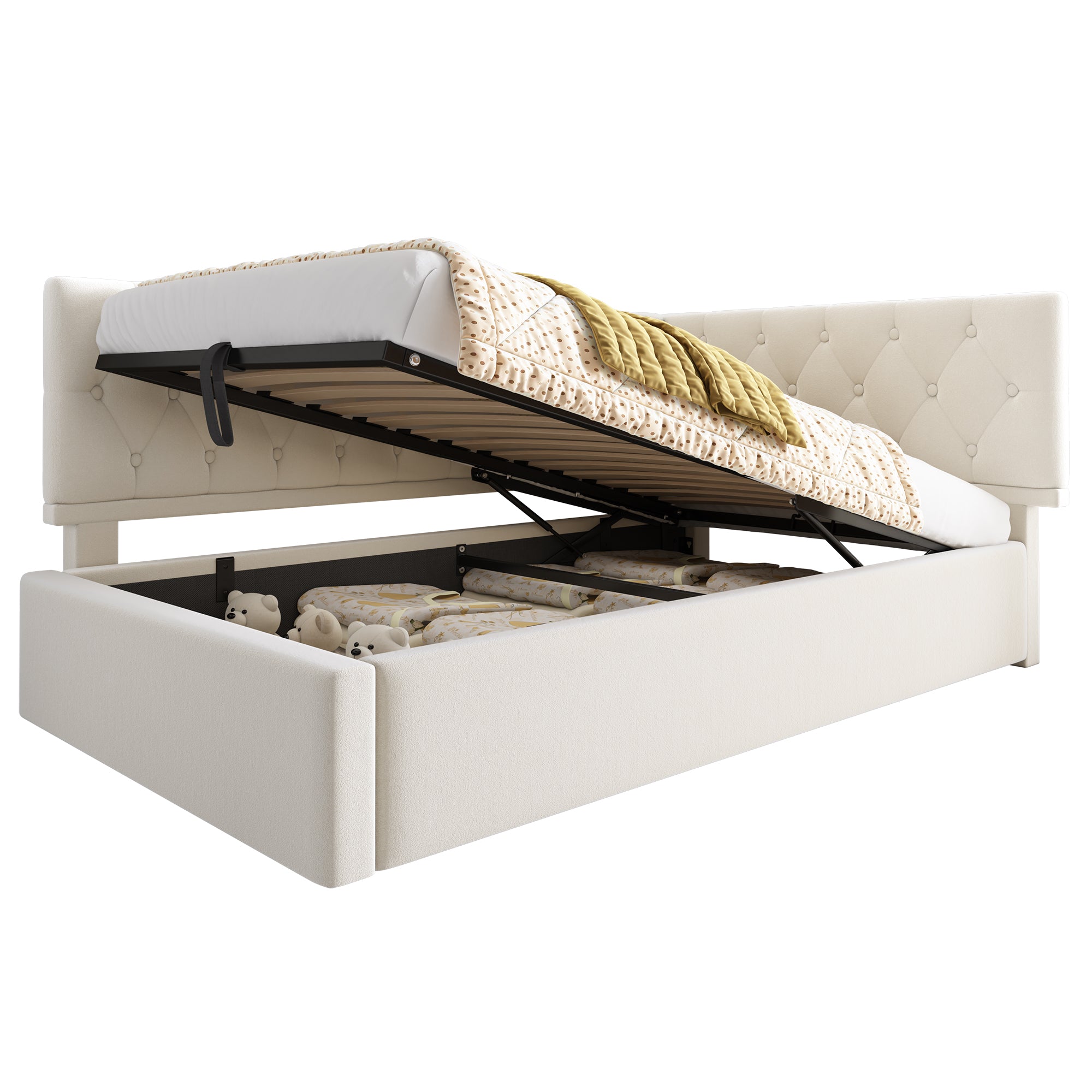 Upholstered Bed, Daybed 90x200cm with Hydraulic Storage, Wooden Slatted Frame, Beige Velvet
