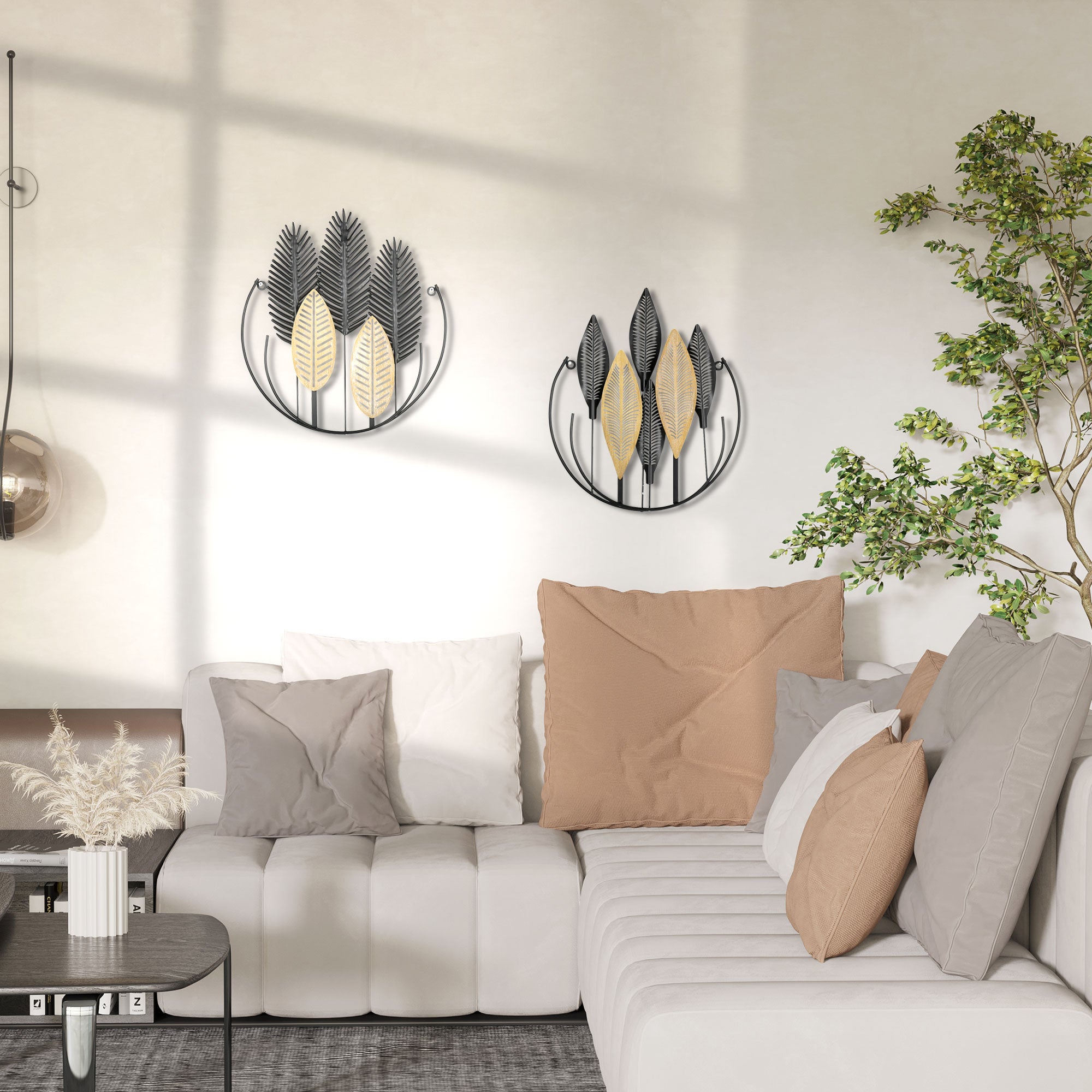 3D Wall Art 2-Set Leaves Decoration, Modern Metal Black and Natural