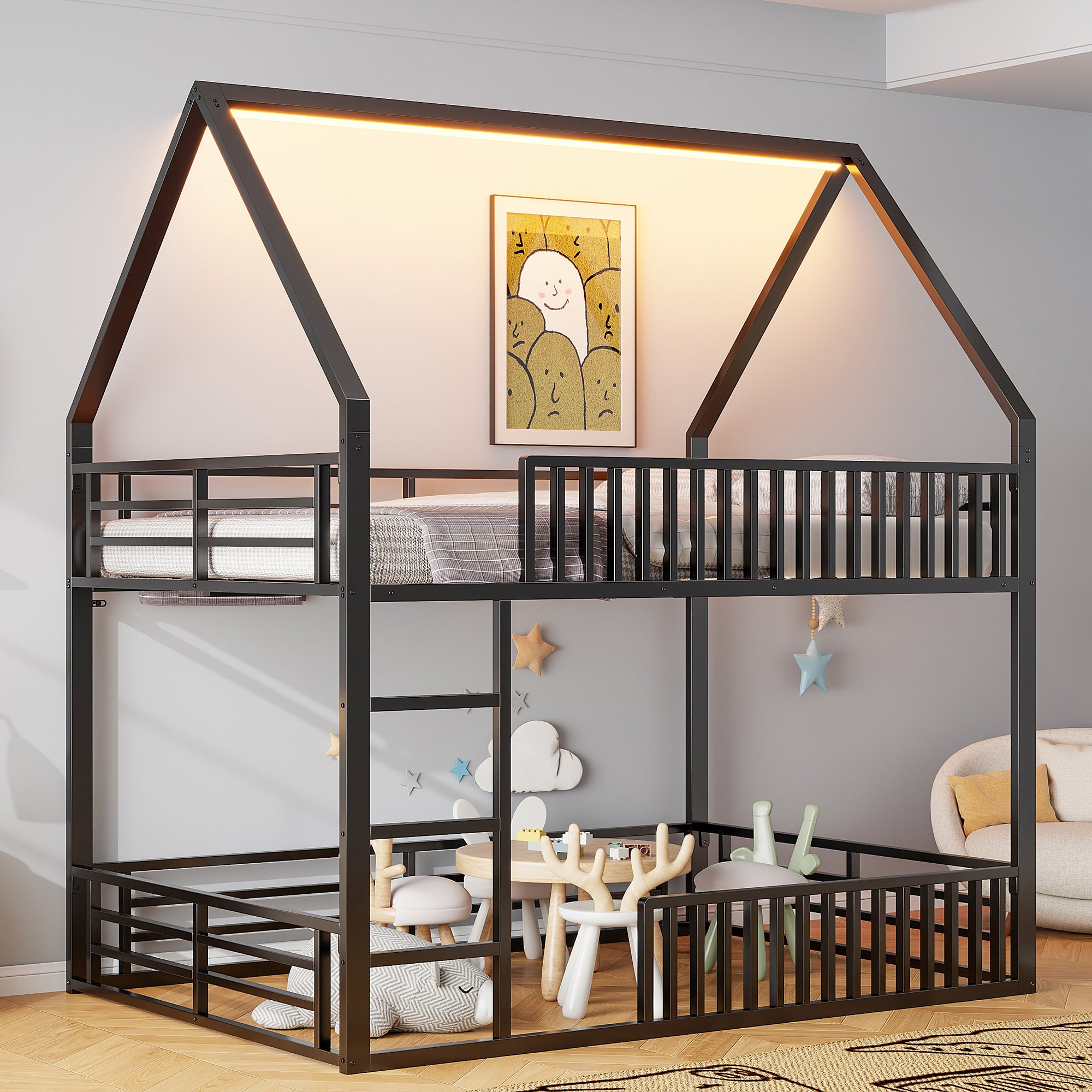 Bunk Bed 140x200 House Design Fence LED Light - Black