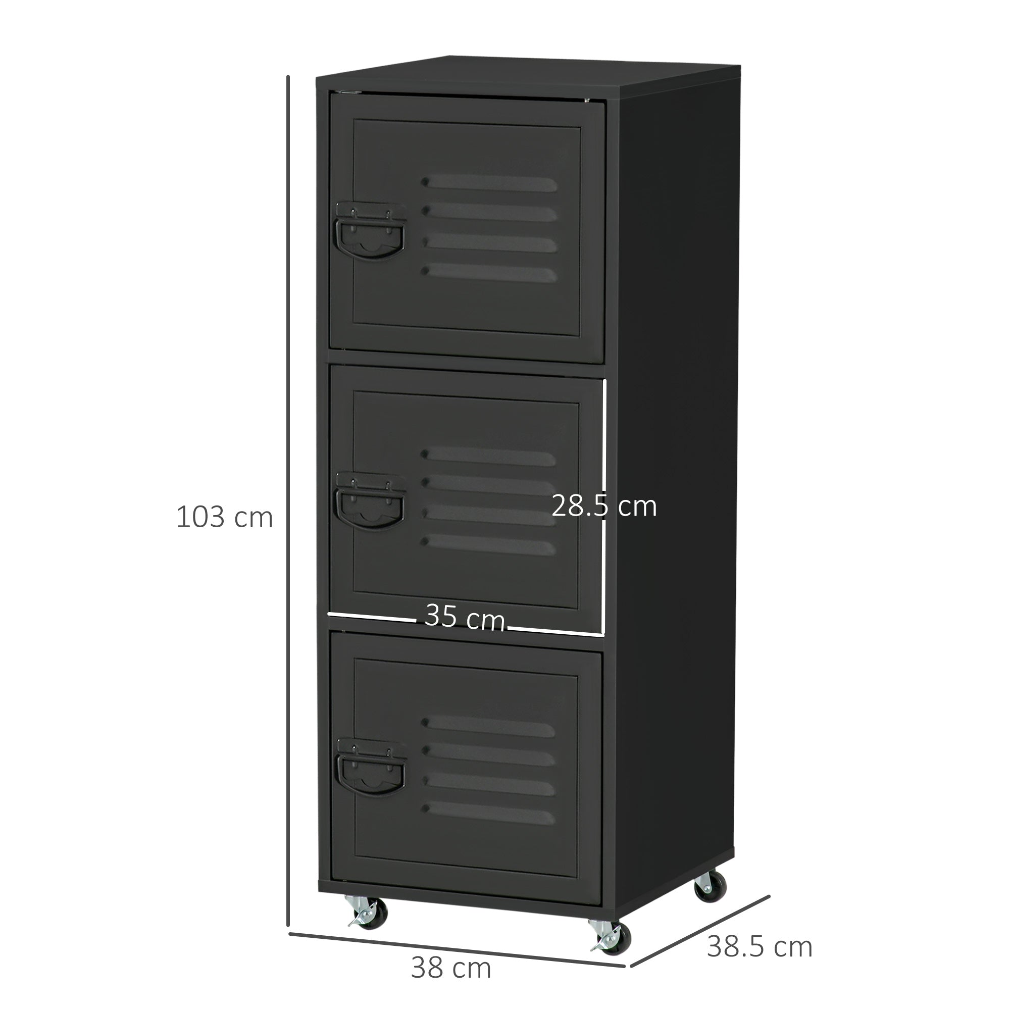 Rolling Storage Cabinet 3-Tier Mobile File Cabinet with Wheels and Metal Doors, Black