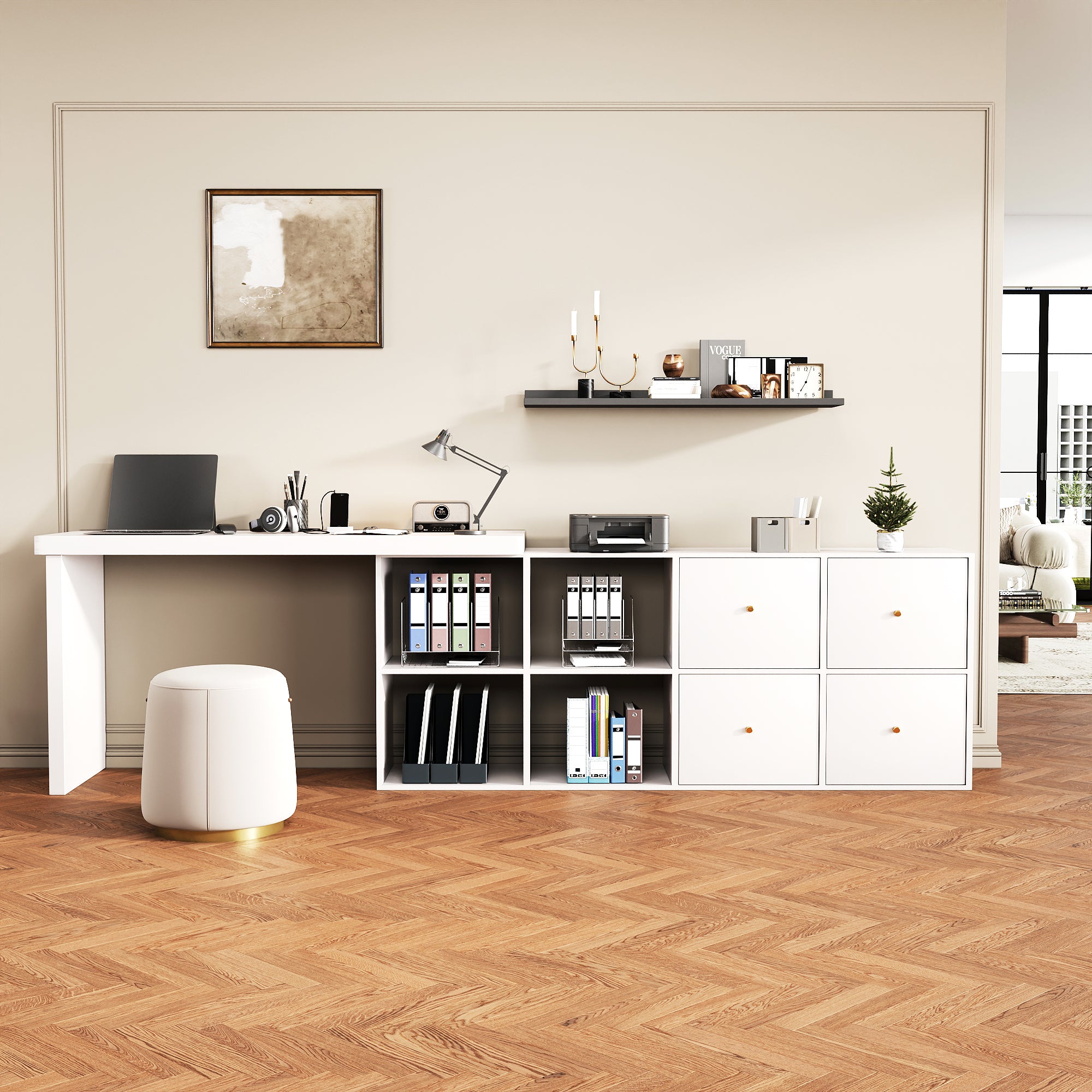 Corner Table 360° Swivel L-Shape/Straight, 4 Compartments 4 Drawers, White MDF