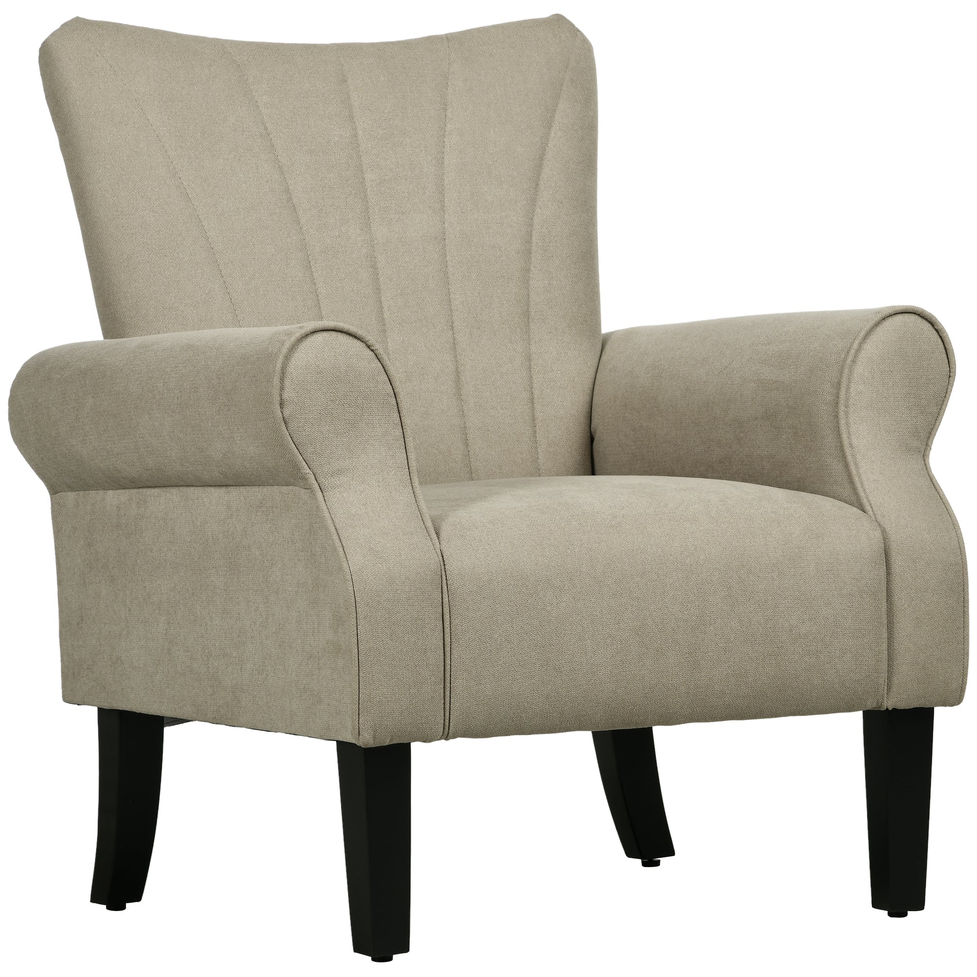 Upholstered Accent Chair with Rolled Arms and Wood Legs, Beige