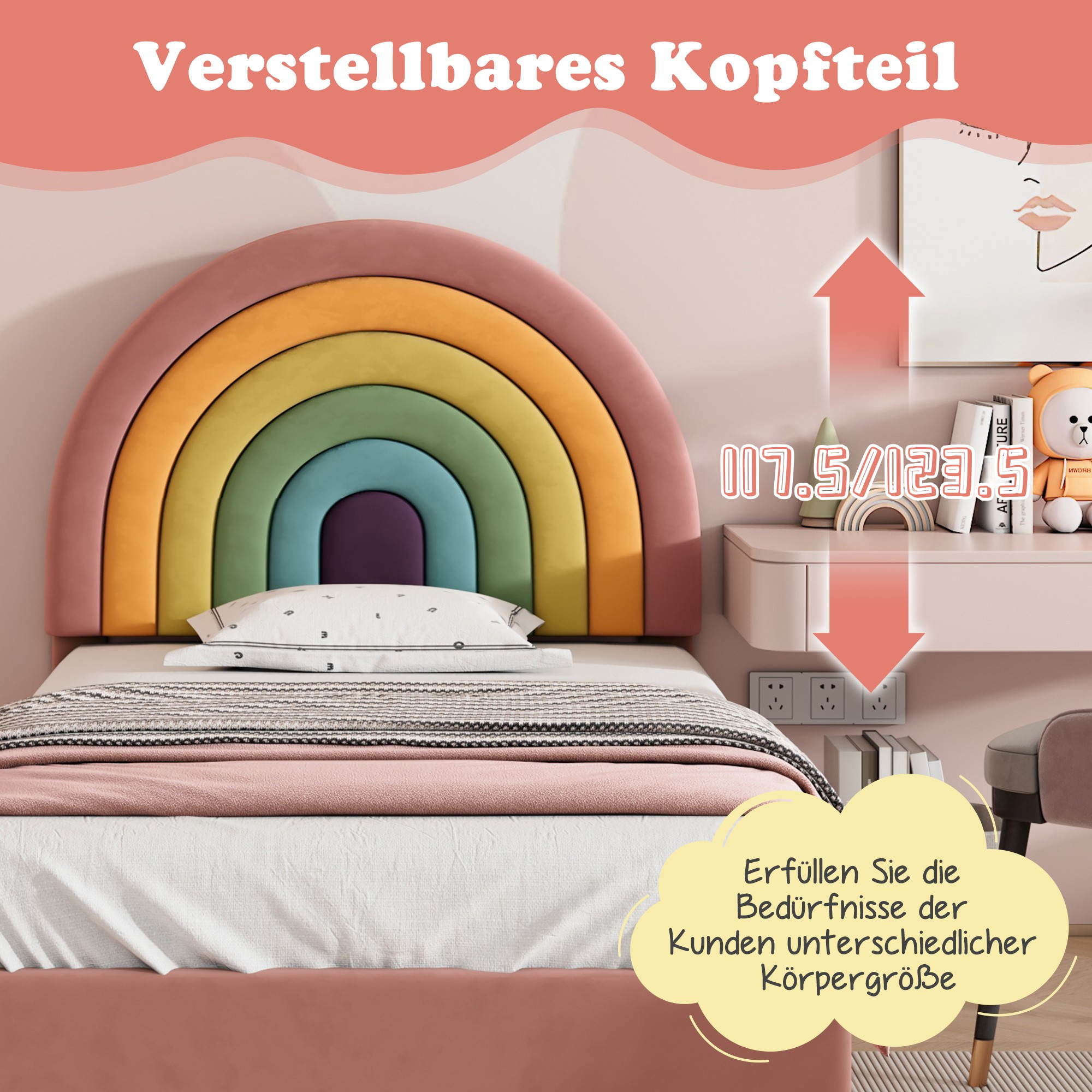 Upholstered Bed 90x200cm Height-Adjustable Headboard Slatted Base Velvet Pink