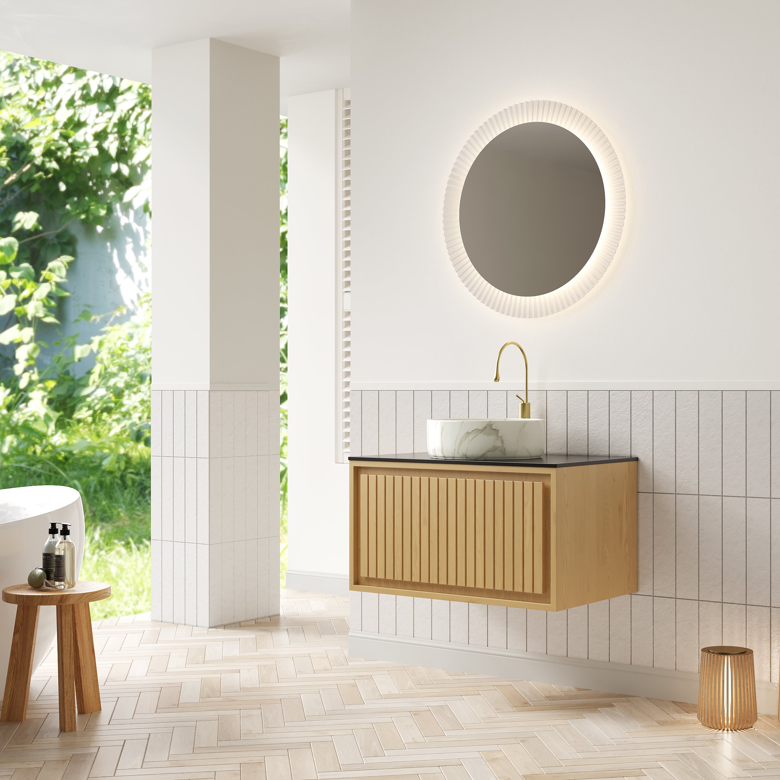 Wall-Hung Bathroom Sink with Sintered Stone Countertop and Ceramic Basin, Corolla Oak Wood Grain