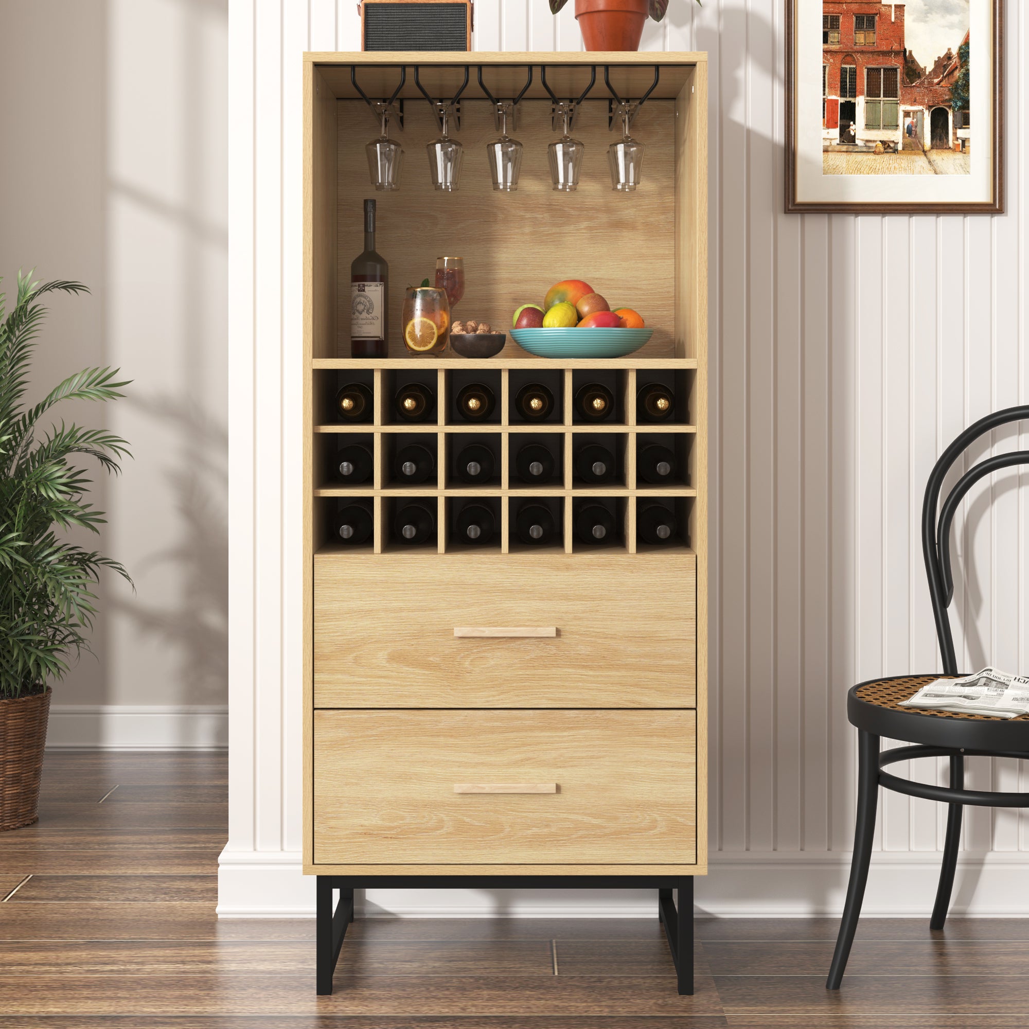 Wine Cabinet 2 Drawers 18 Compartments Glass Holder Matte Black Metal