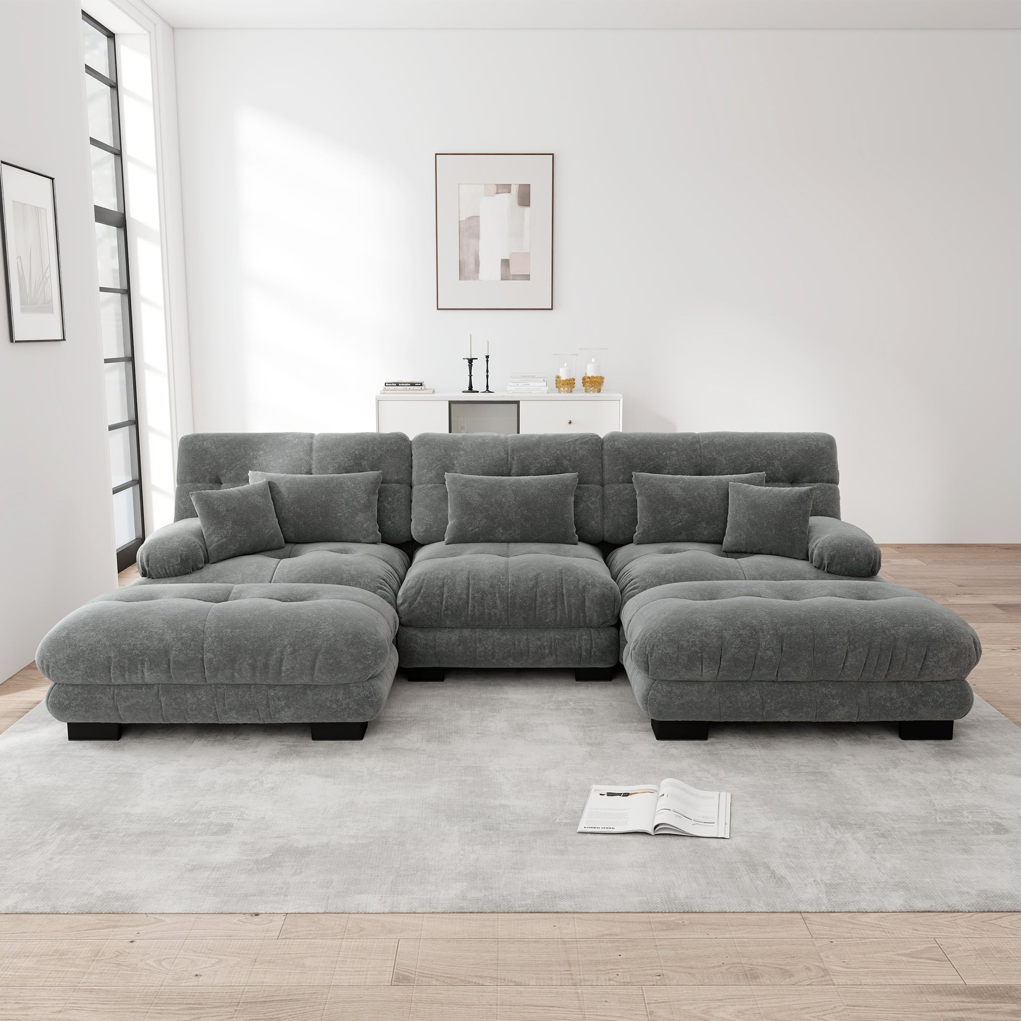 Luxury Modular Corner Sofa, Oversized U-shaped Cloud with Ottoman, Chenille Grey